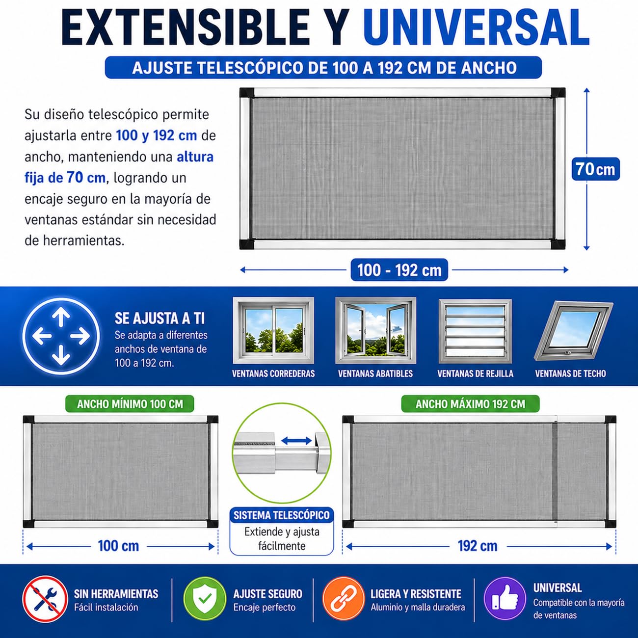 TIENDA EURASIA – Mosquitera Extensible para Ventanas | Bordes de Sellado Felpudos | Marco de Aluminio | Mosquitera Extensible | Color Blanco | Malla de Fibra de Vidrio 70 x (100-192 cm)