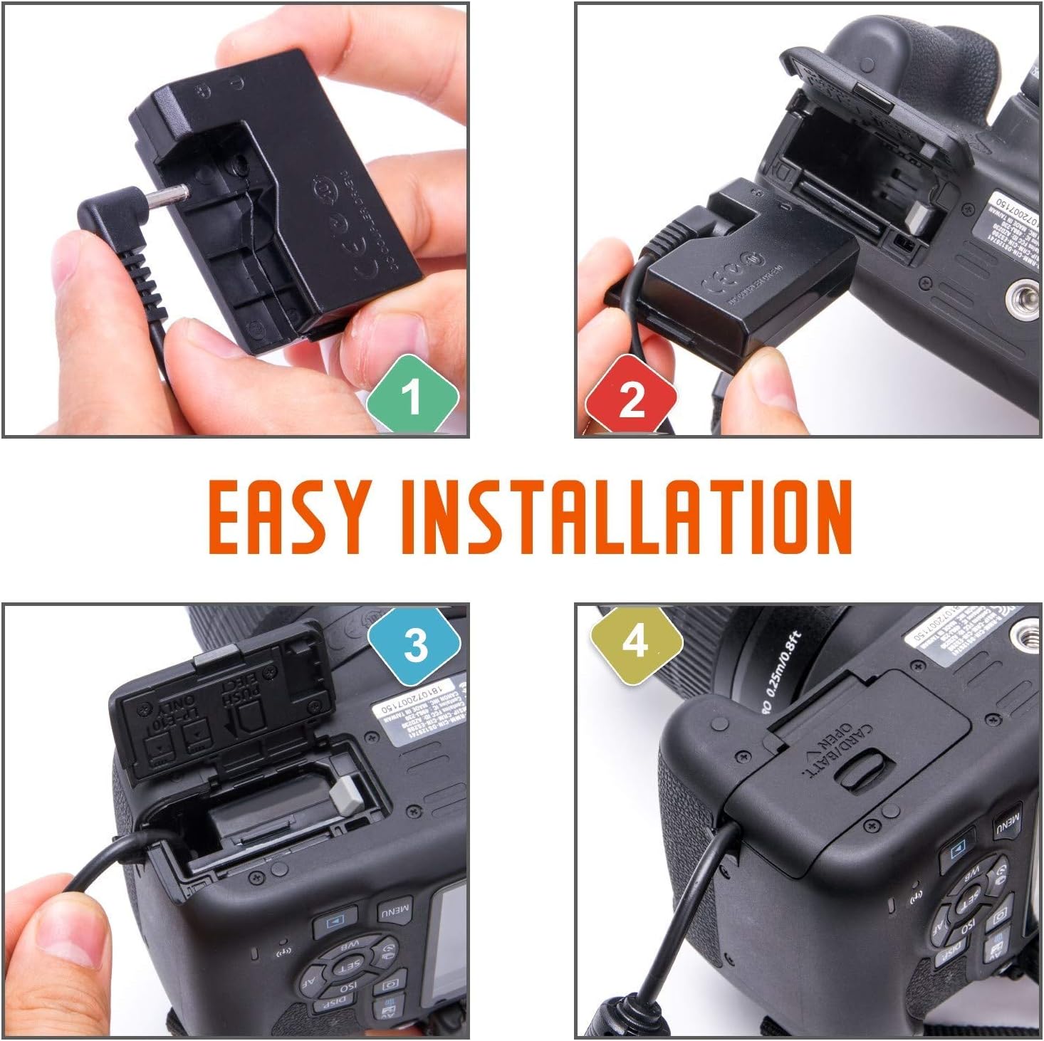 Kimaru LP-E5 Dummy Battery ACK-E5 AC Power Adapter DR-E5 DC Coupler Kit for EOS Rebel T1i, EOS Rebel XSi, EOS Rebel XS, 450D, 500D, 1000D, Kiss F, Kiss X2, Kiss X3 Cameras.