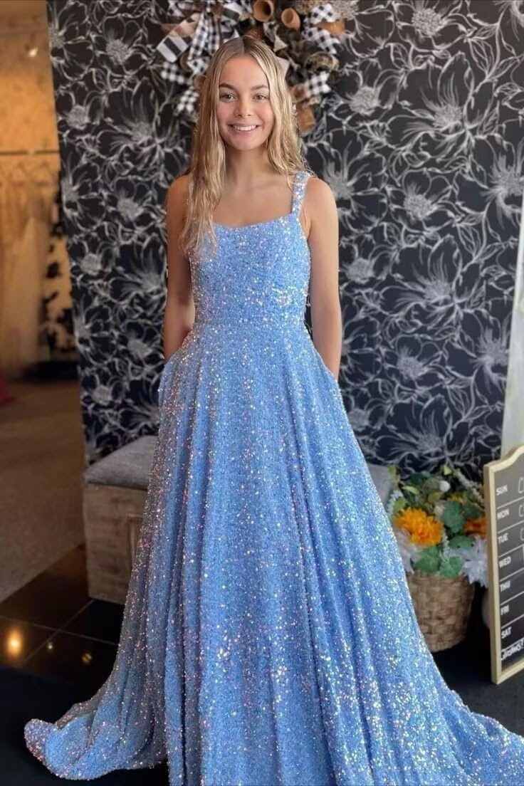 Sparkly Sequins A Line Prom Dresses Long Spaghetti Straps Party Dresses Backless Wide Hem Ball Gowns for Women - Image 2