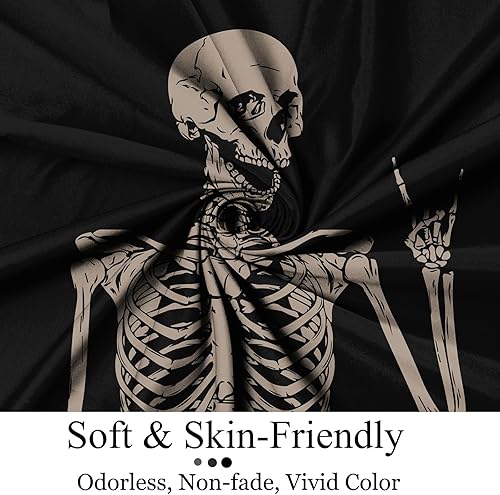 Miniatura 5 de Cortina de ducha de Halloween, para amantes de la música rock and roll en blanco y negro, divertida cortina de baño de esqueleto de calavera para