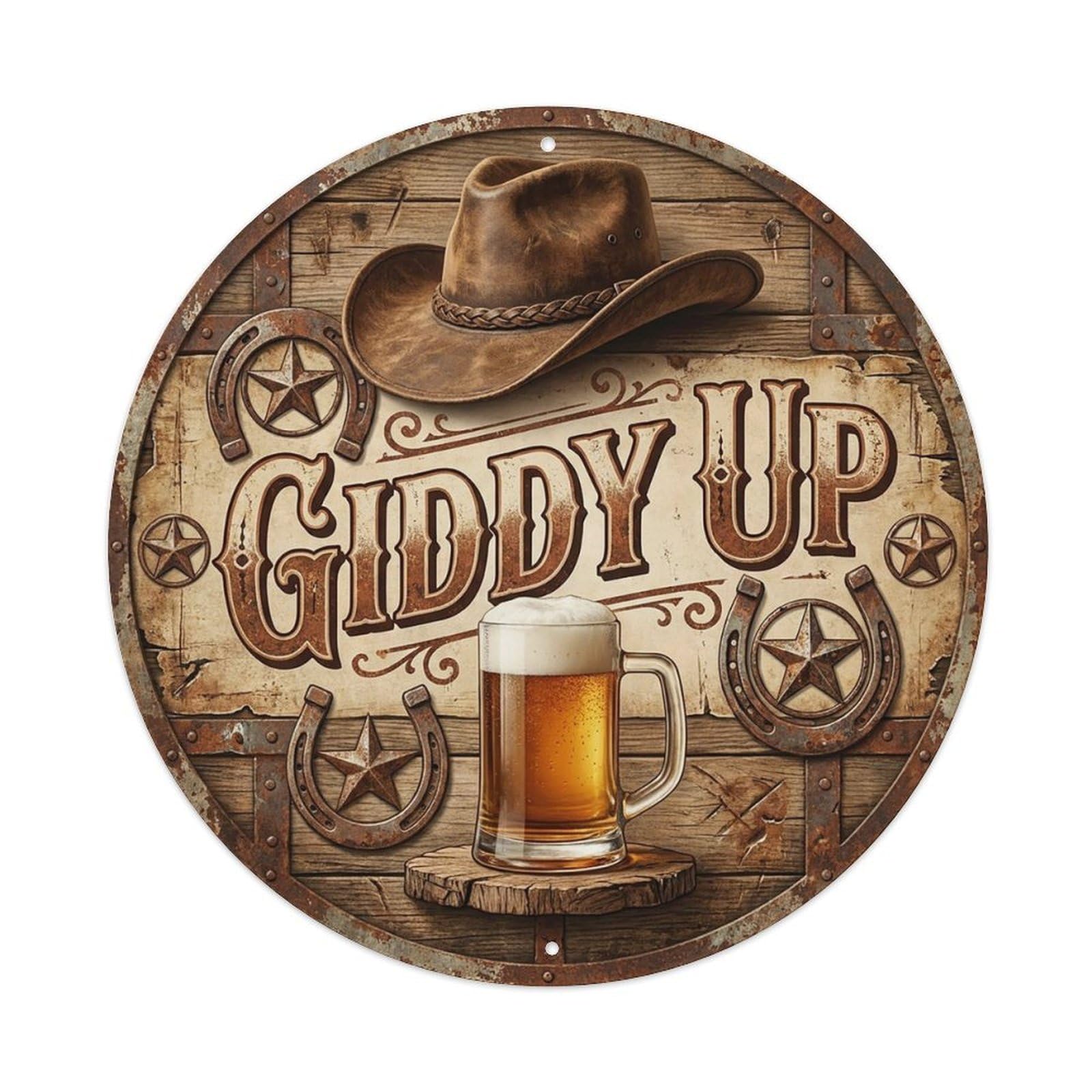 Vintage Beer Western Cowboy Giddy Up Retro Bar for Pub Vintage Metal Tin Sign Plaque Wall Decor for Cafe, Club Bar, Office, Garden Metal Poster 8x8Inch