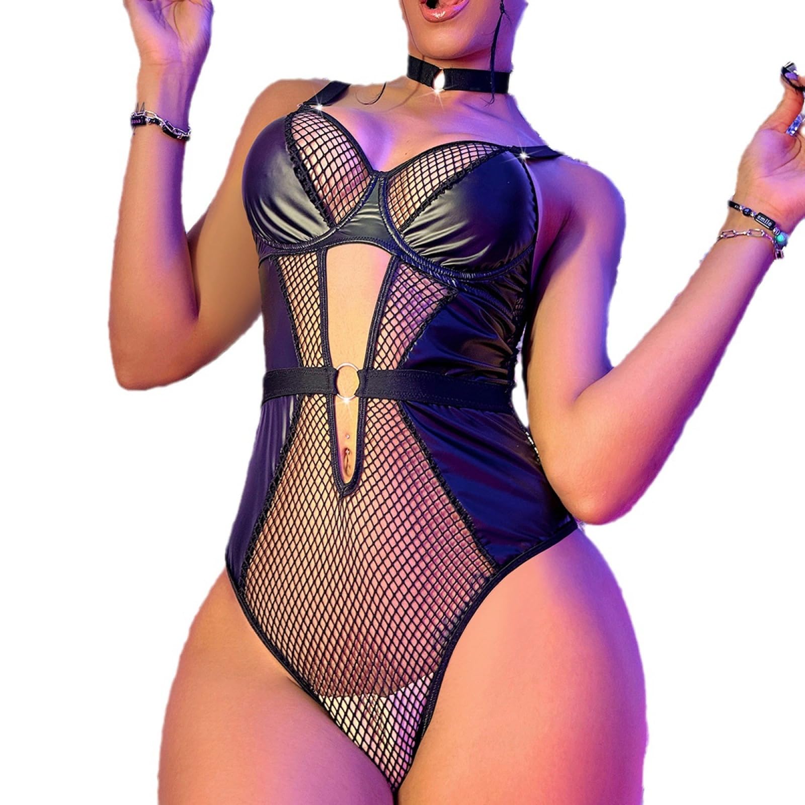 Front ouvertPU érotique sous-vêtement Une pièce Maille Sexy Pyjama Ensemble Uniforme Transparent