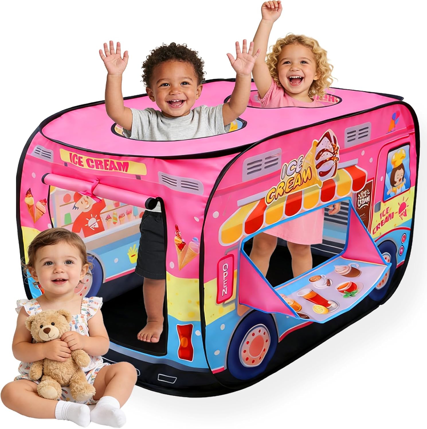 Ice Cream Truck Pop Up Play Tent for Kids, Indoor Outdoor Children's Playhouse Foldable Pretend Play Toddler Toys Birthday Gift for Boys Girls Ages 3 4 5 6 Year Old