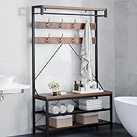 Vista 4 de Amyove Perchero grande para zapatos, banco de zapatos, zapatero de árbol para entrada, estante de almacenamiento de 3 niveles y ganchos extraíbles