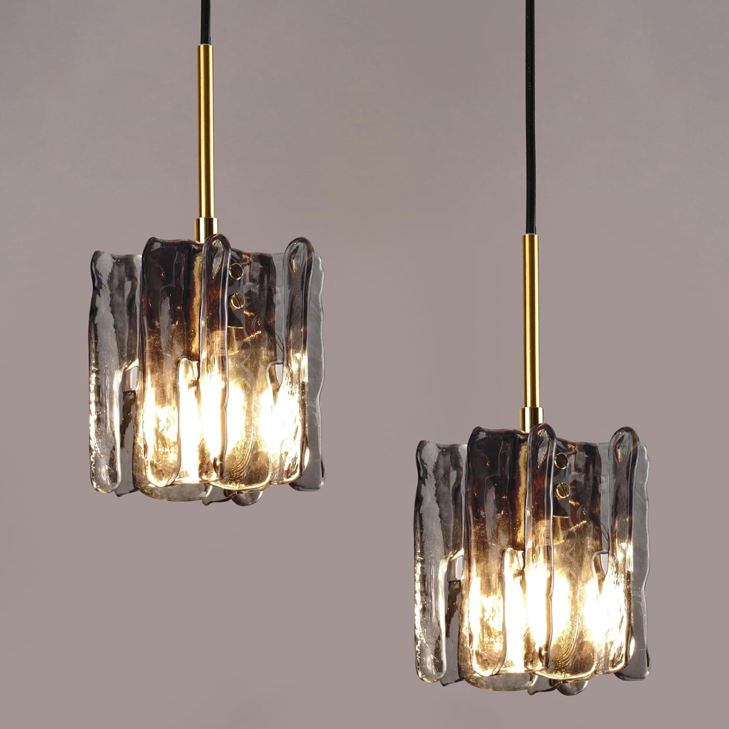 Modern Vintage Mid-Century Single Pendant Light, Mini Hanging Smoked Ice-Textured Glass Ceiling Light Fixture for Kitchen Island Lighting Over Dining Room, Bedroom, Bar Lamp (2 Pack)