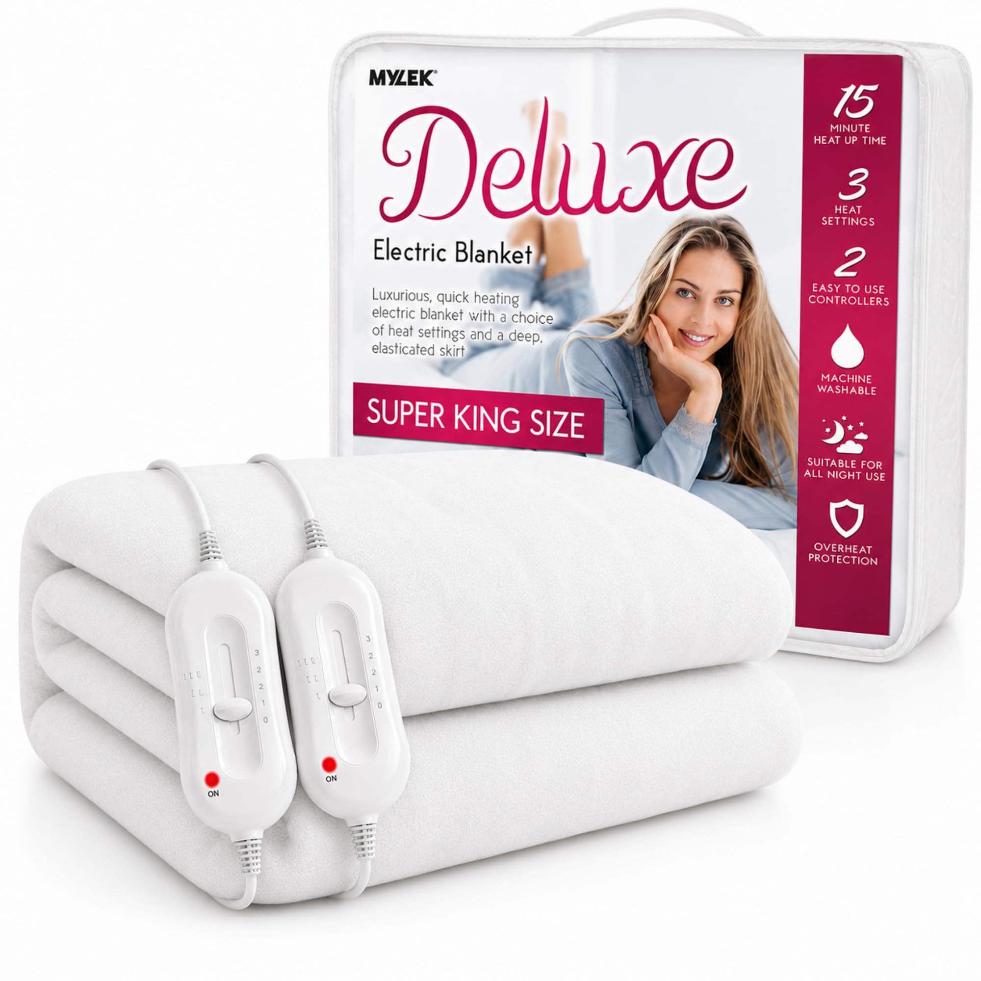 Mylek Coperta elettrica super king size con materasso riscaldato, doppio controllo, con bordo elastico, dimensioni 203 x 182 cm x 40 cm, protezione contro il surriscaldamento, riscaldamento rapido,