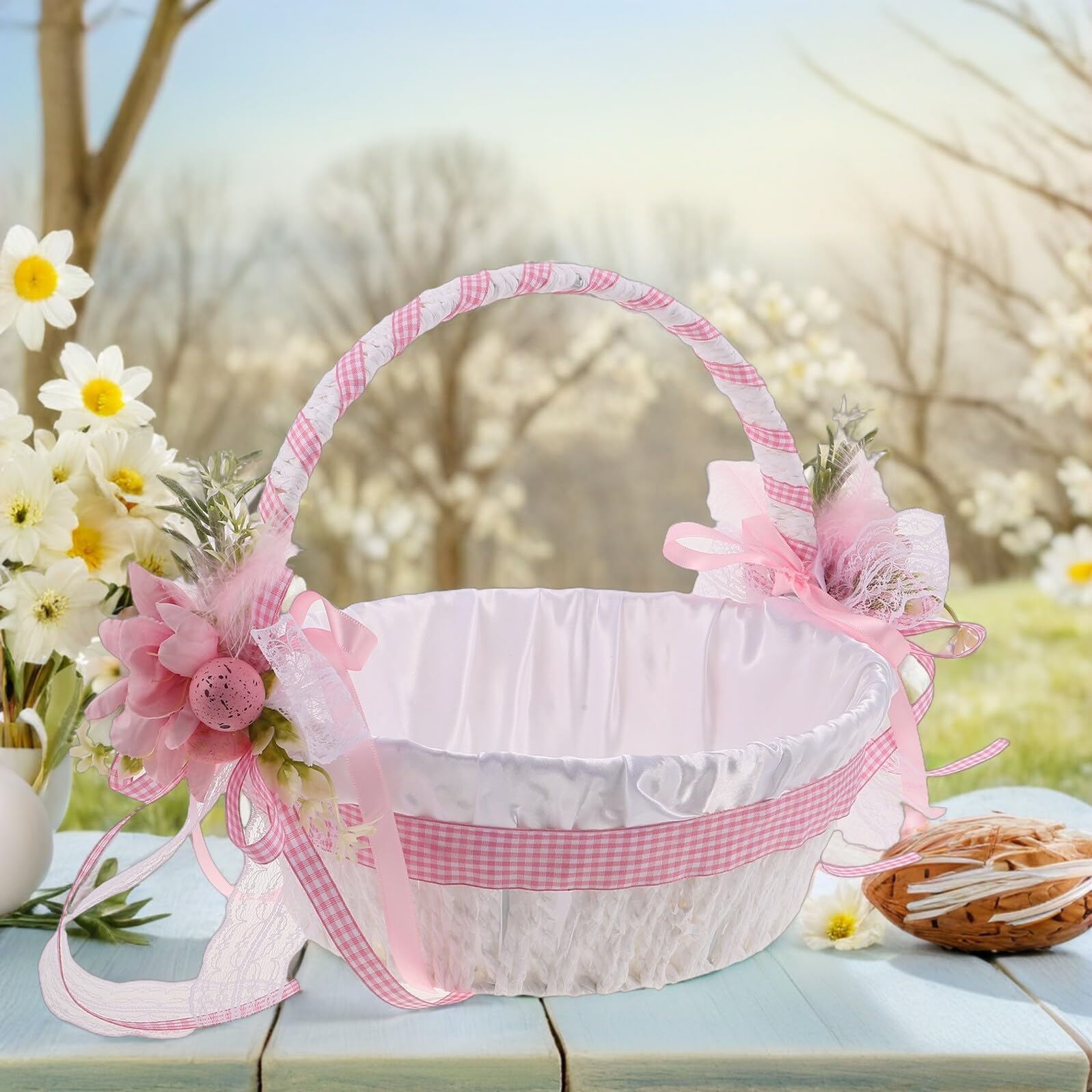 Gatuida Blumenkorb für Blumenmädchen Handgewebter Hochzeitskorb mit Großzügigem Stauraum Rosa Osterkorb für Süßigkeiten und Gastgeschenke