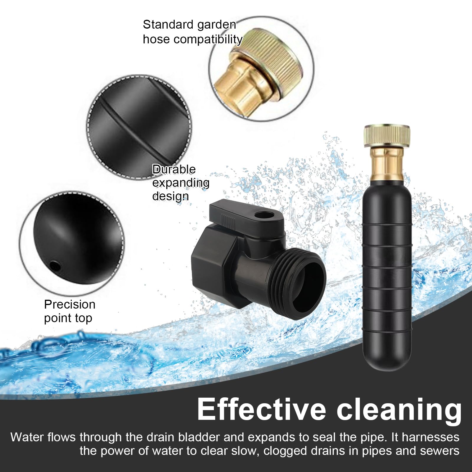 Deboucheur Canalisation Haute Pression, Vessies de Drainage en Caoutchouc, Noir Caoutchouc Vessie de Vidange avec 3/4" Vanne D'arrêt, pour 38 à 75 mm Débouche Goutières, Toilettes et Tuyaux