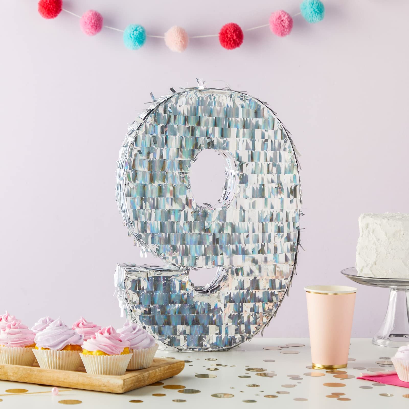 Petite piñata holographique en feuille d'argent en forme de chiffre 9 pour décoration de fête d'anniversaire d'enfants (40 x 22,9 x 7,6 cm)