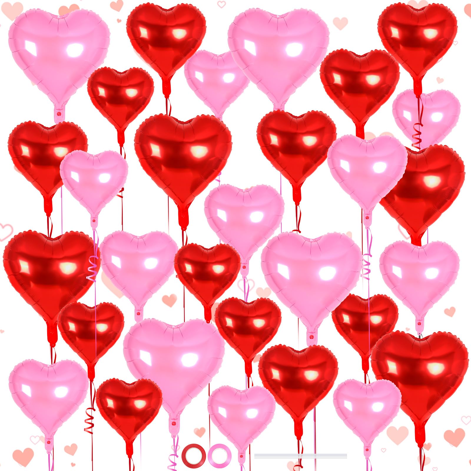30 Pcs Red and Pink Heart Balloons, 3 Sizes Heart Foil Mylar Balloon, Valentine Day Party Decorations, Love Balloon Valentine Balloons for Birthday Party Wedding Baby Shower