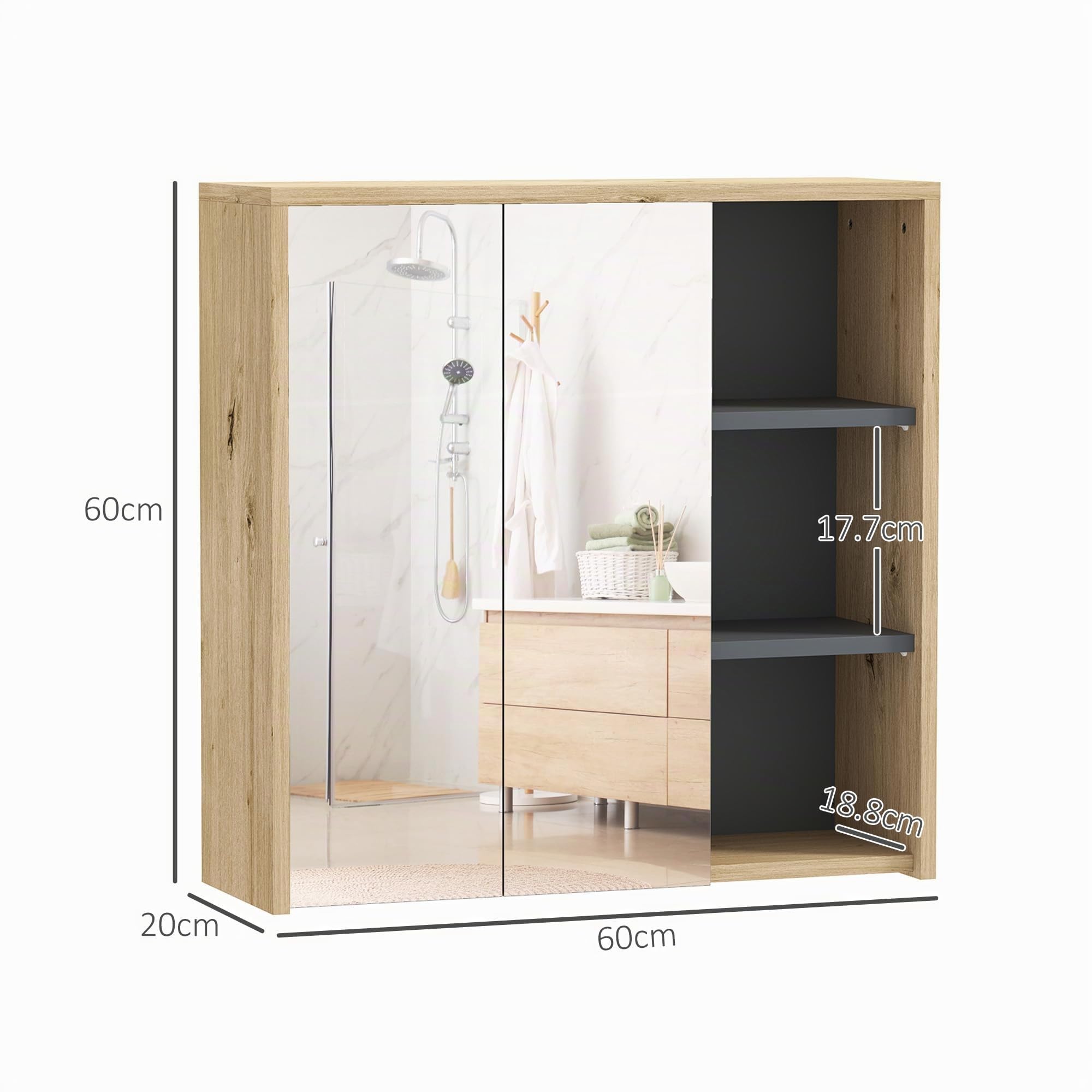 HOMCOM Specchio Bagno Contenitore con 2 Ante Vetro 60x20x60 cm Naturale | Mobile con Specchio, Scomparto Aperto, Mobiletto da Parete Salvaspazio, Specchiera Bagno
