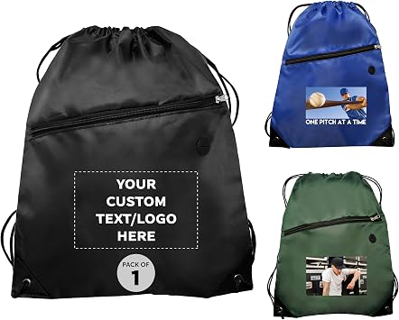 DISCOUNT PROMOS Custom Drawstring BackPacks with Pocket Set of 1, Personalized Text, Logo, and Picture - Water Resistant, Perfect for Gym, Camping, Beach, Outdoor Sports - Black