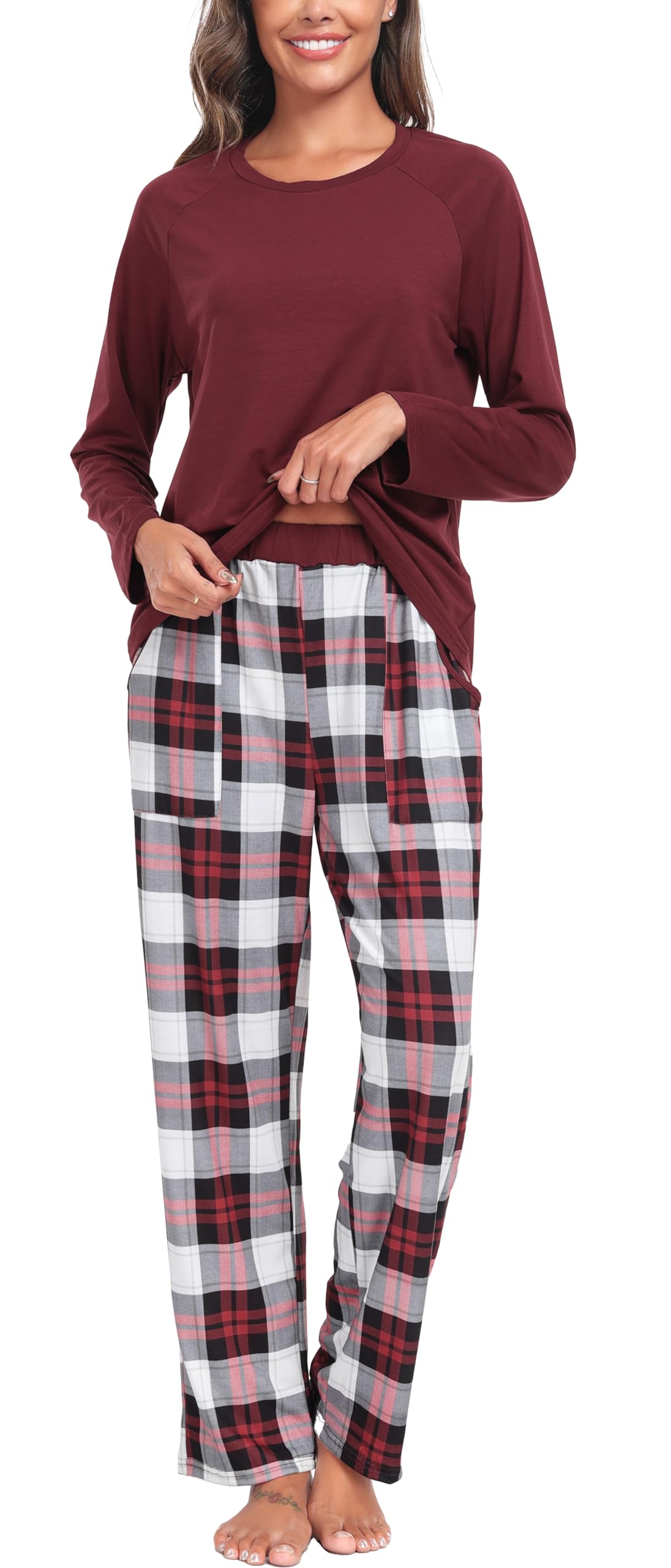 Lovasy Schlafanzug Damen Lang Schlafanzughose Karierte Pyjama Set Langarm Rundhals Winter Schlafanzüge für Damen Zweiteiliger mit Taschen