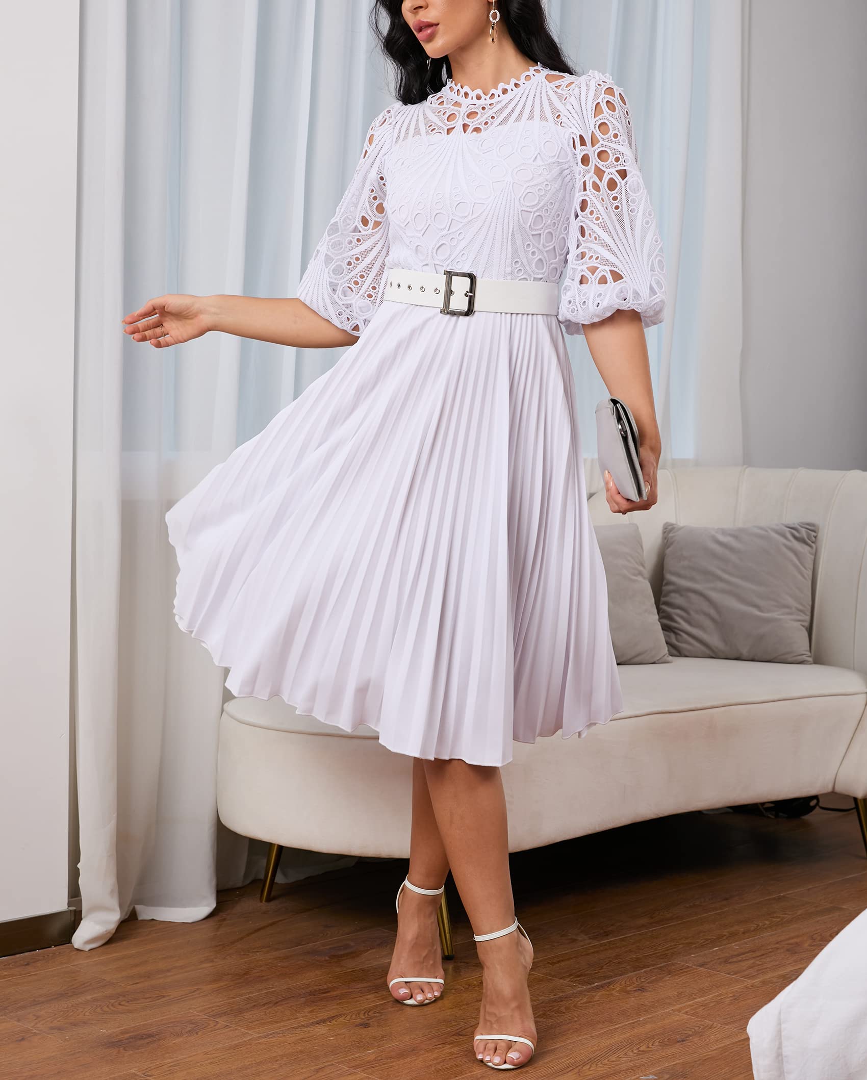 Vestido plisado de encaje, manga abombada, media pantorrilla, manga corta, vestido de noche para fiesta