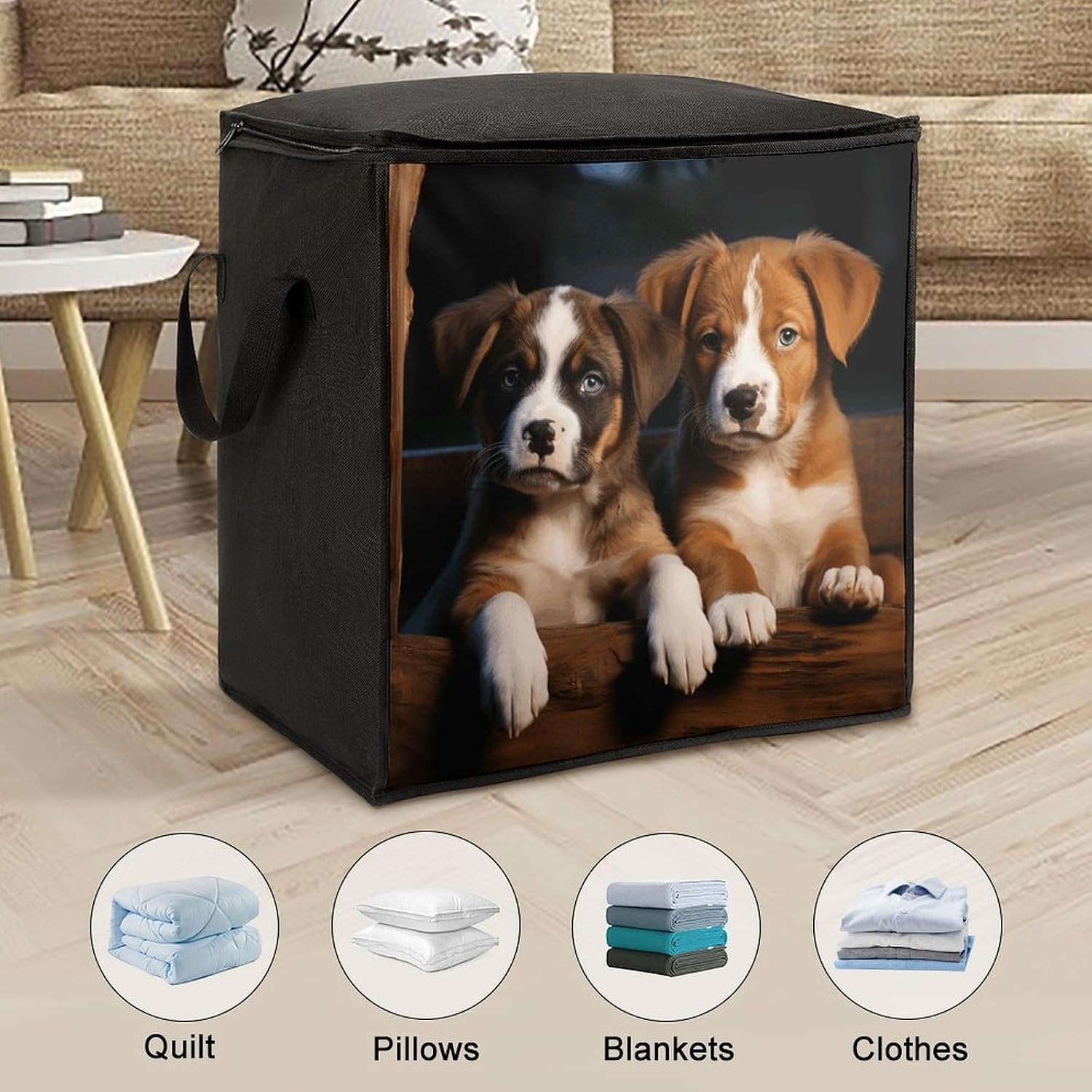 Puppies Dogs Pets Animals Storage Bag with Zippers And Handle Extra Large Bedding Comforter Storage Bag Foldable Blanket Storage Bags Fabric Moving Bags for Closet Organizer (70L)