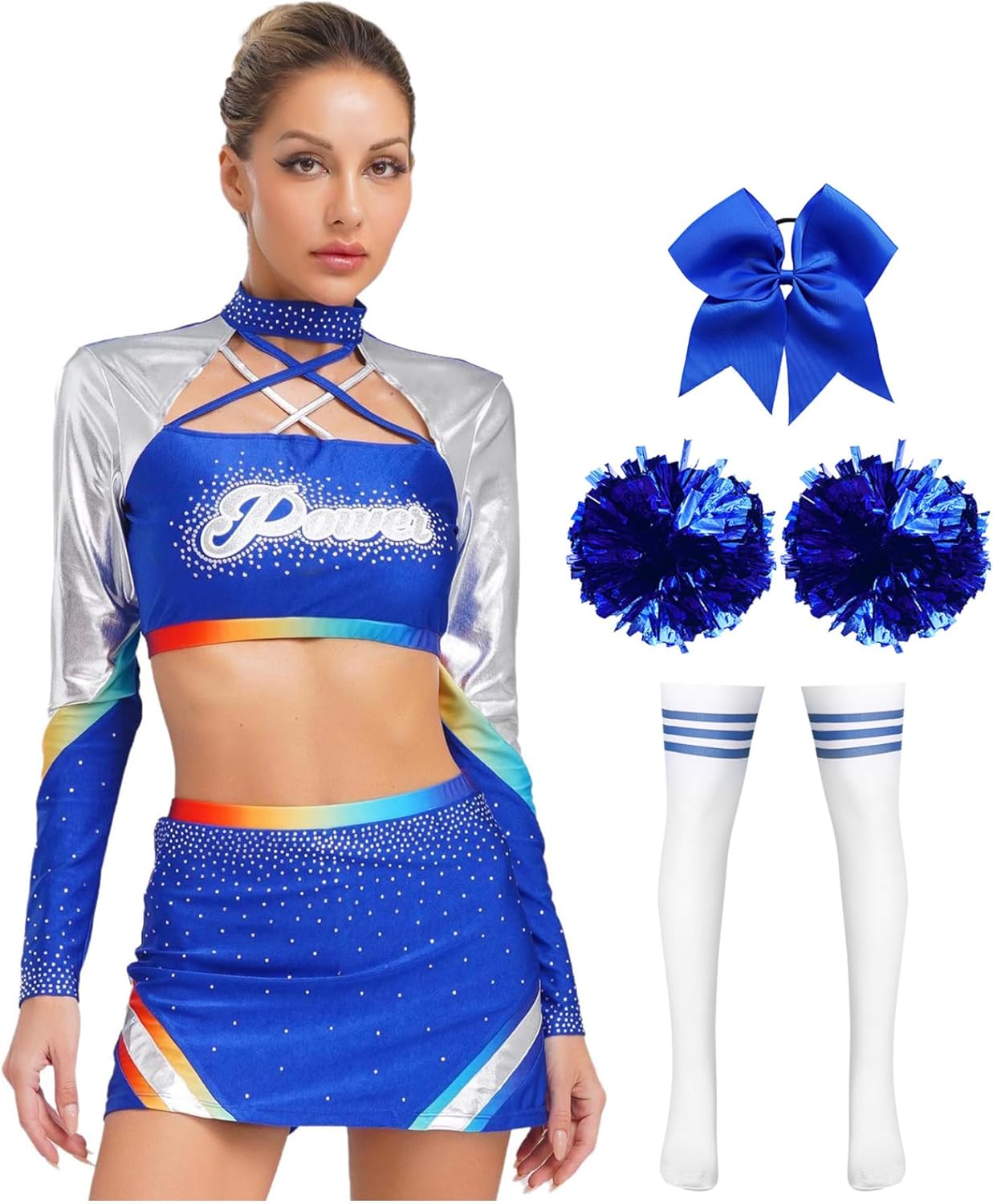 Women's Cheerleading Dancewear Uniform Long Sleeve Mock Neck Crop Top Rhinestone Skirt Set