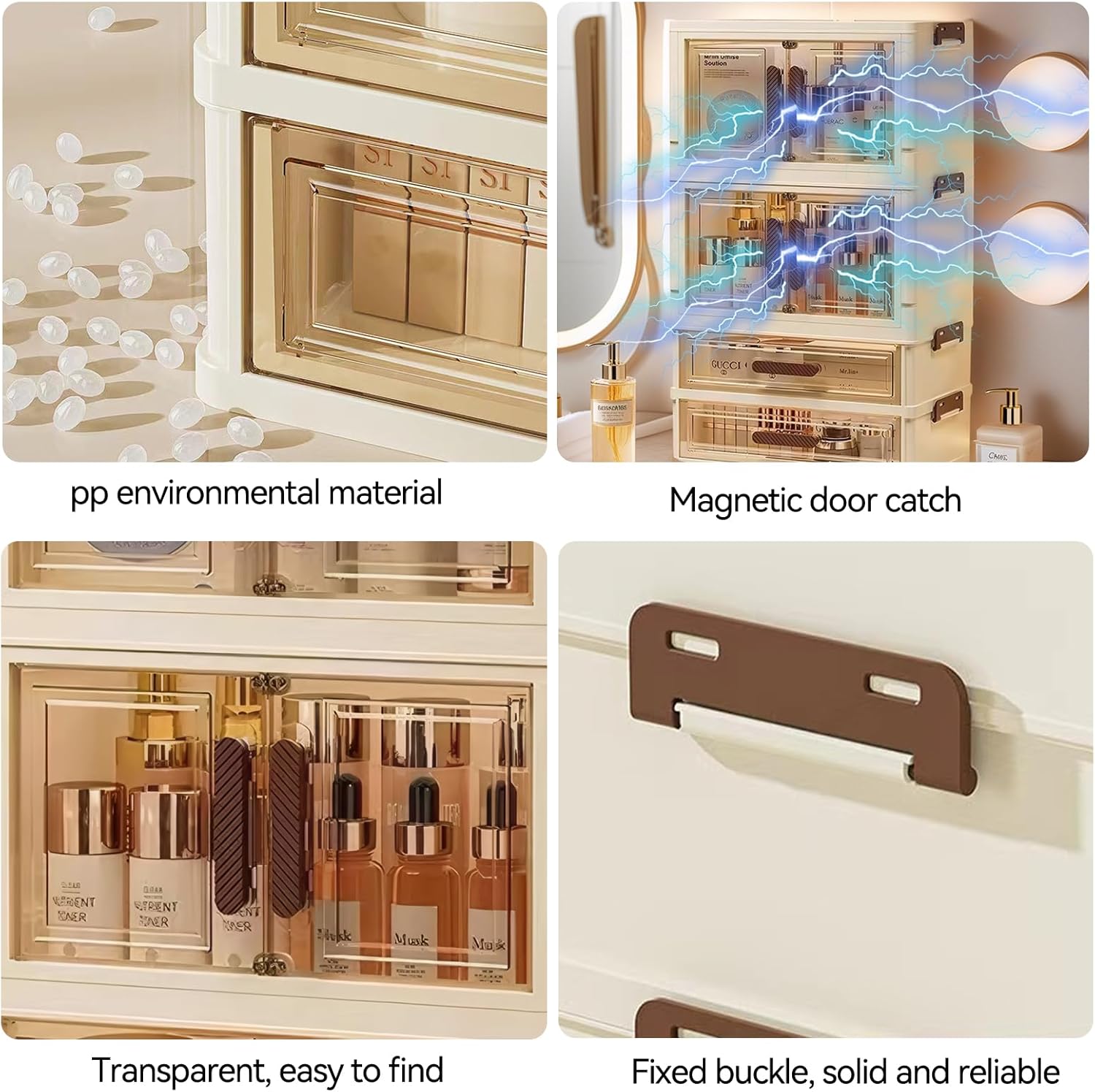 A stackable desktop organizer with drawers and compartments, ideal for storing cosmetics, beauty tools, jewelry, and school supplies in a student dorm. Features a convenient magnetic door handle.