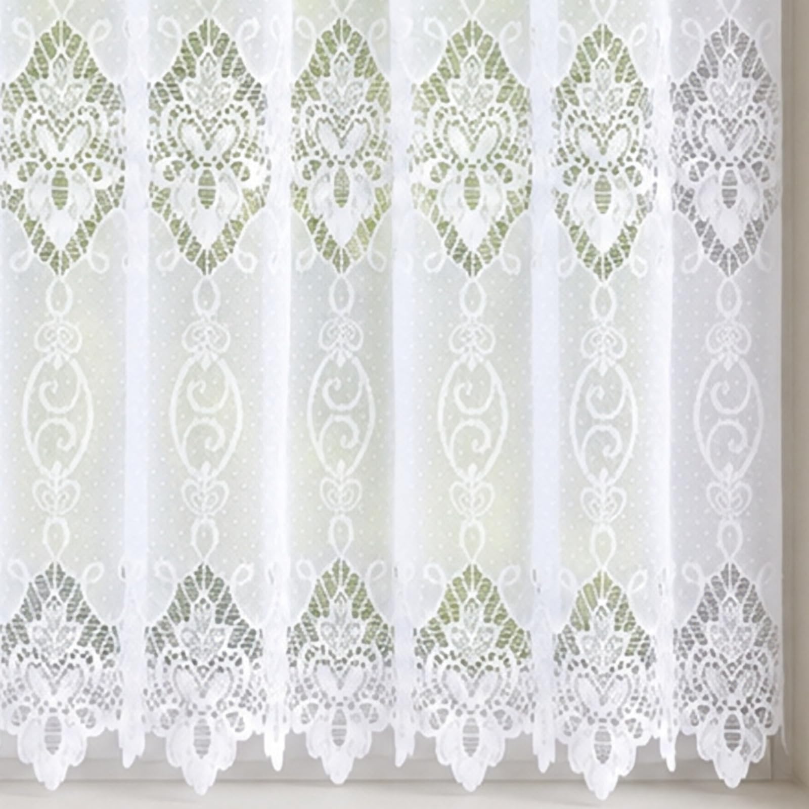 81" (206cm) Drop - Seraphina White Traditional Net Curtain With Ornamental Lace Panels And Scalloped Hem - Choose Your Design - Sold By The Metre - Supplied In One Continuous Piece - Slot Top