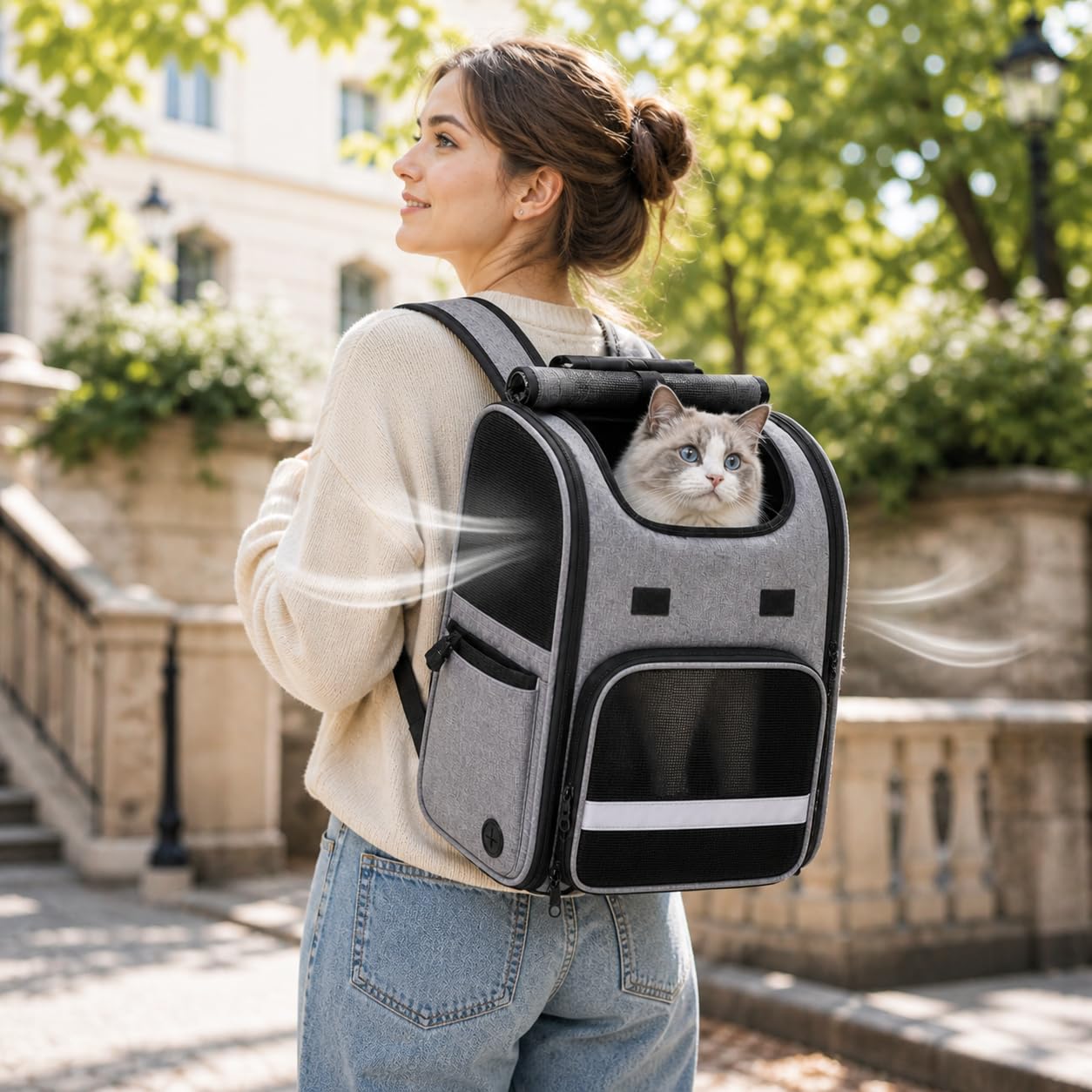 Katzenrucksack, Tragbare und Faltbare Katzentasche, Atmungsaktive und Leichte Hunderucksack, Multifunktionales Rutschfestes, Wasserdichtes Oxford-Tuch mit viel Platz, Grau 10kg
