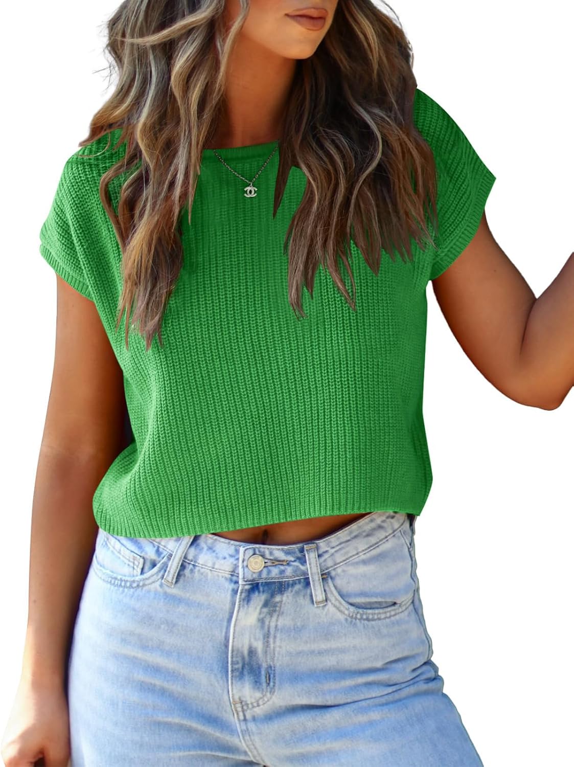 LCXWFE Womens Summer Cropped Sweater Vest Trendy Cap Sleeve Crop Tops Crew Neck Loose Knit Tank Top - Image 2