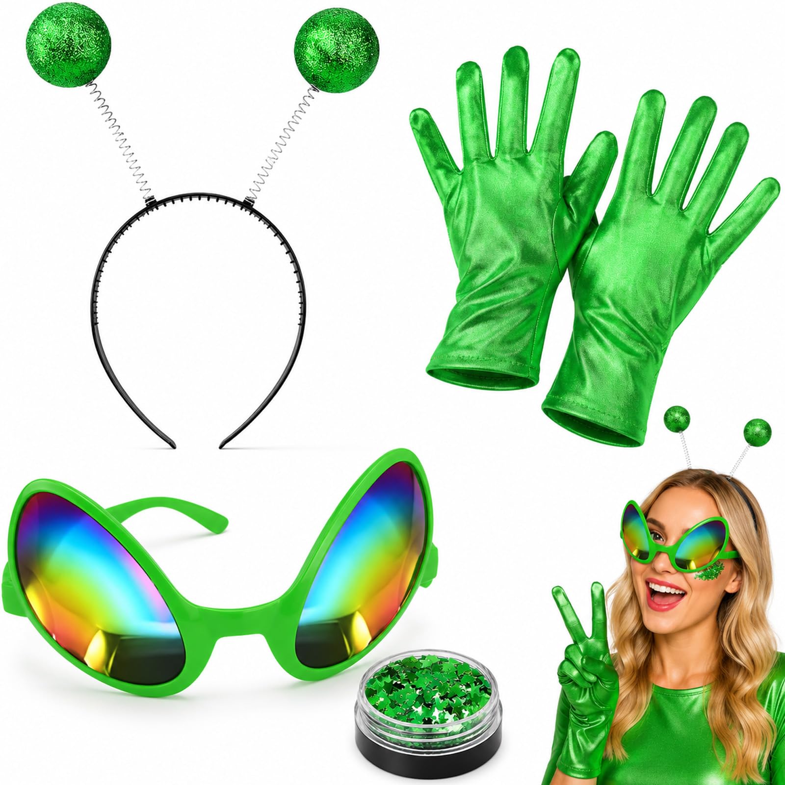 MAUDFEK 4 PCS Alien Headband, Alien Costume, Glasses, Complete and Eye catching, Ideal for themed Parties and Halloween Cosplay, Green