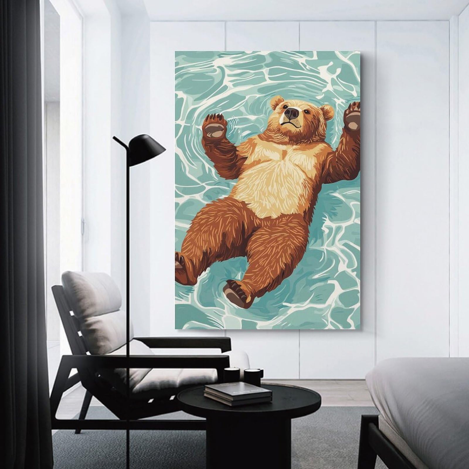 Junmoney Room Decor Wall Art Bear Floating in Water Illustration, 12x18inch(30x45cm), for Home Office, Desk Area Or Studio, An Interior Accent for Desk Areas