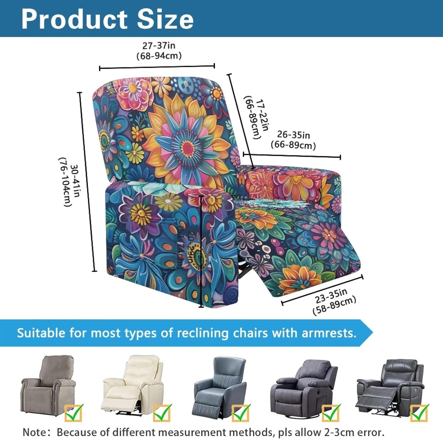 Boho Flowers Elastic Recliner Chair Slipcovers – Stretch Sofa Cover with Pockets, Non-Slip Washable Fabric, Soft & Comfortable for Pets & Kids