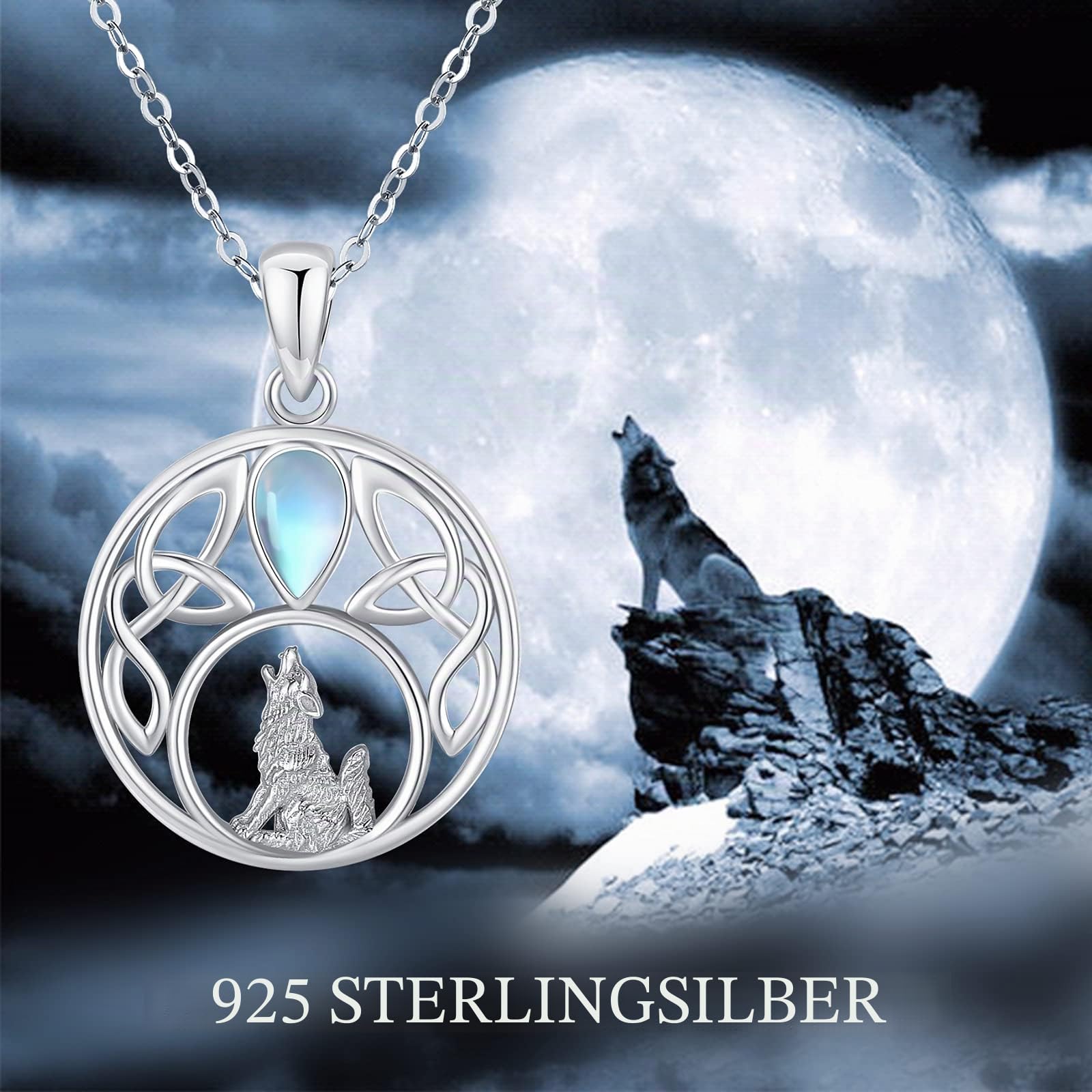 Wolf Kette 925 Sterling Silber Keltische Kette Mondstein Anhänger Wolf Halskette Schmuck Geschenke für Damen