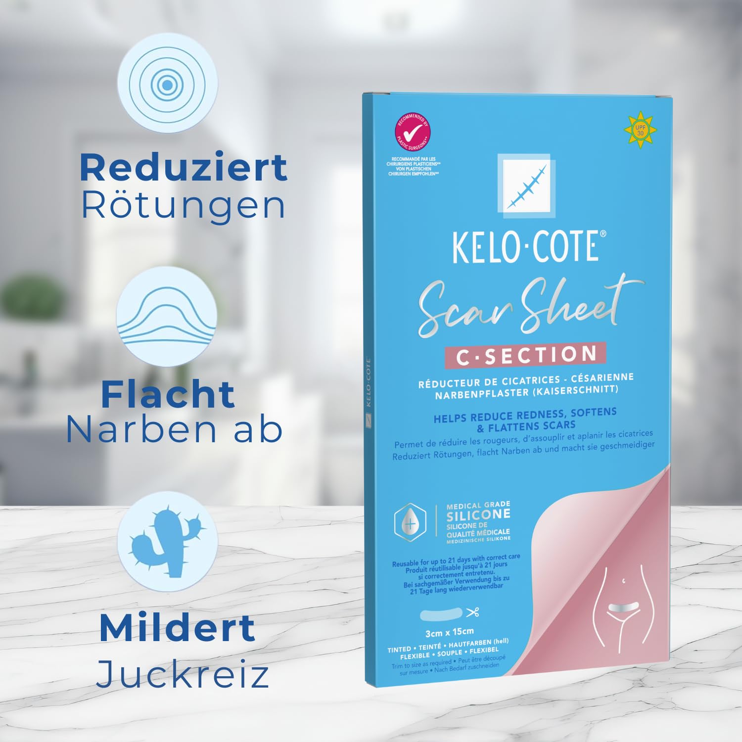 KELO-COTE Kaiserschnitt Silikon-Narbenpflaster 3 cm x 15 cm, C-Sektion Narbenbehandlung, Packung mit einem Pflaster (wiederverwendbar)
