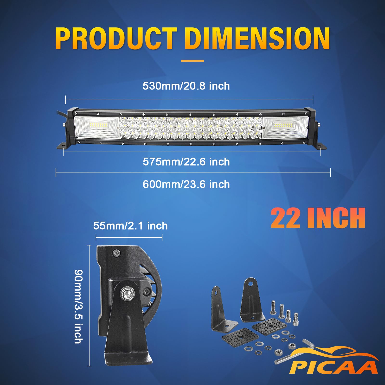 PICAA 22 Zoll 270W LED Lichtleiste KFZ mit 12V Kabelbaum Kit, Gebogen LED Arbeitsscheinwerfer Lightbar Zusatzscheinwerfer Auto Offroad Beleuchtung für SUV, LKW, 4x4, Traktor, ATV