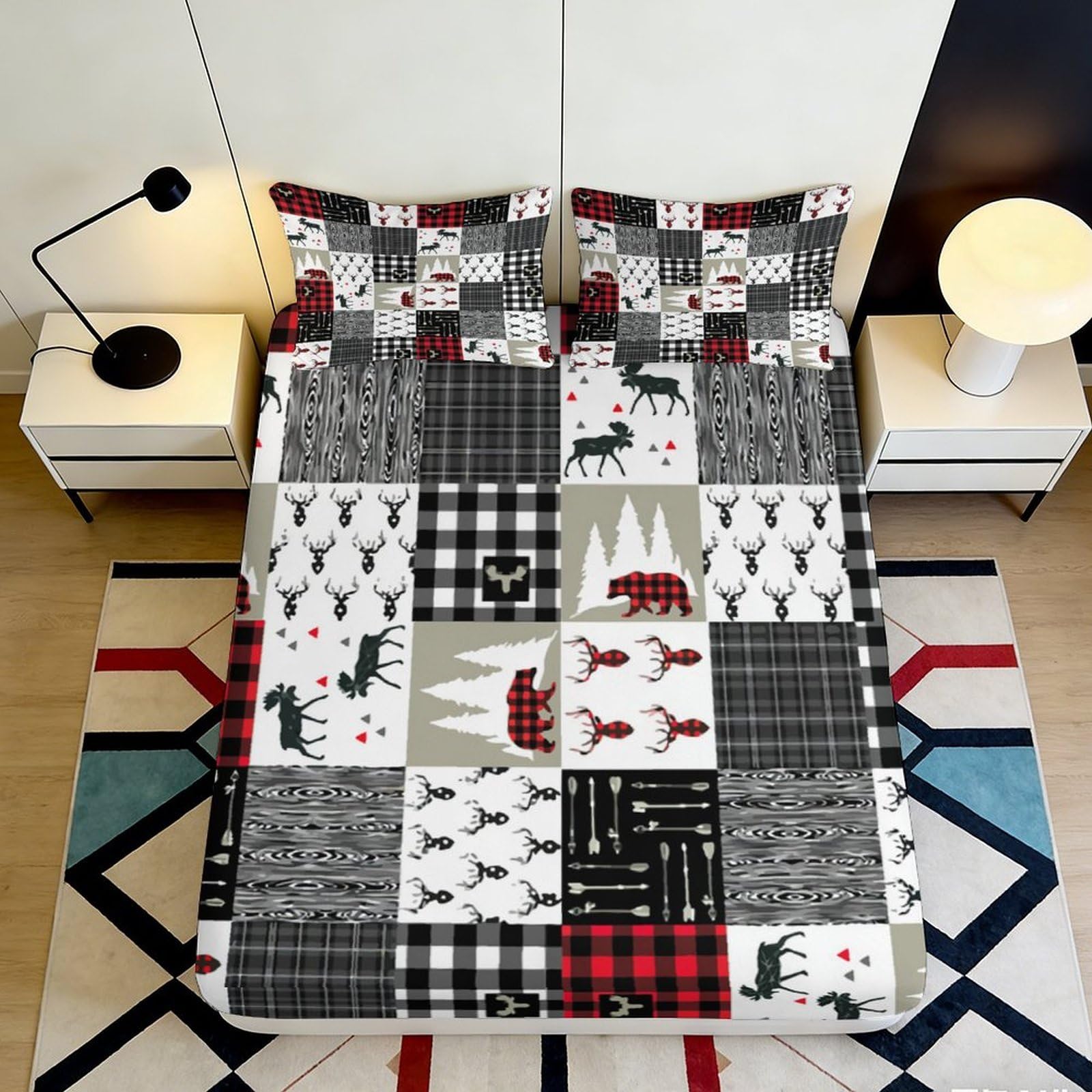 3D Printed Plaid Patchwork Fitted Sheet Microfiber Forest Animal Mattress Cover for Bedroom Guest Room Easy Care 200x200x25cm