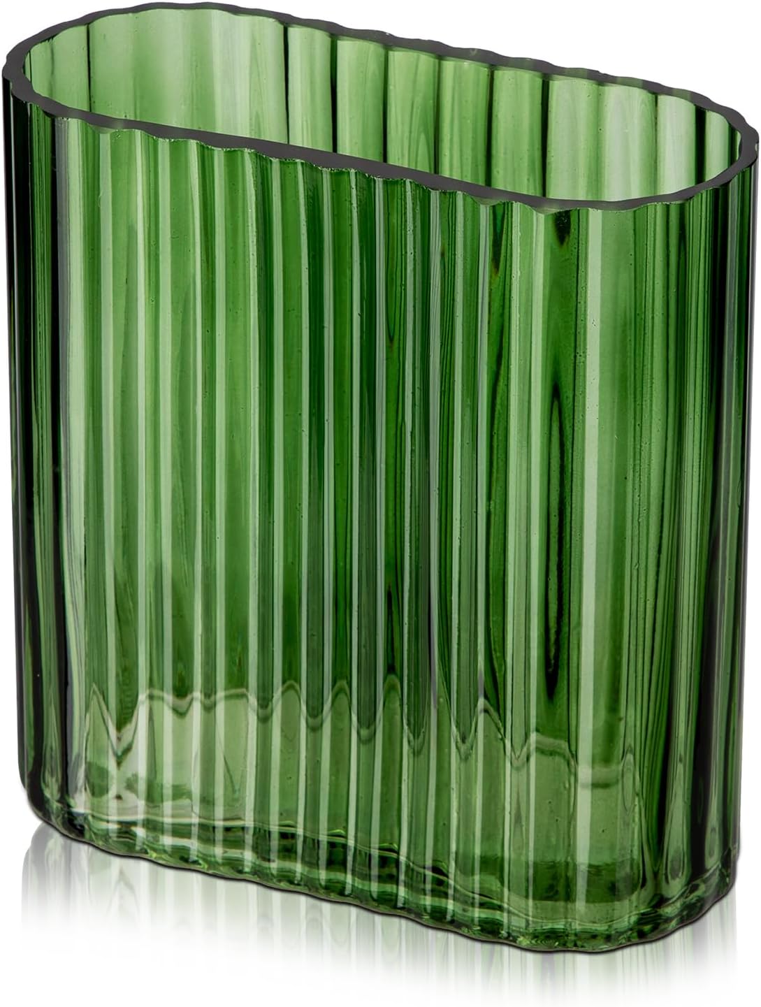 Green Glass Vase 6.7 Inch Ribbed Glass Vase for Flowers