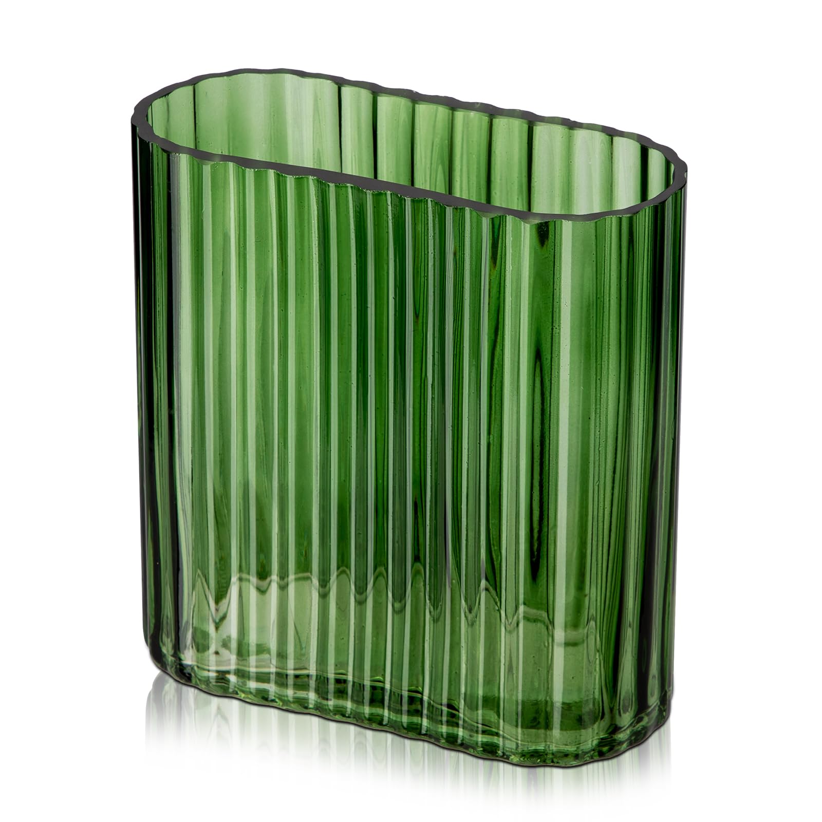 Oairse Clear Glass Oblong Vase - 17CM Ribbed Decorative Flower Vase for Living Room Dining Table, Wedding & Home Party - Green