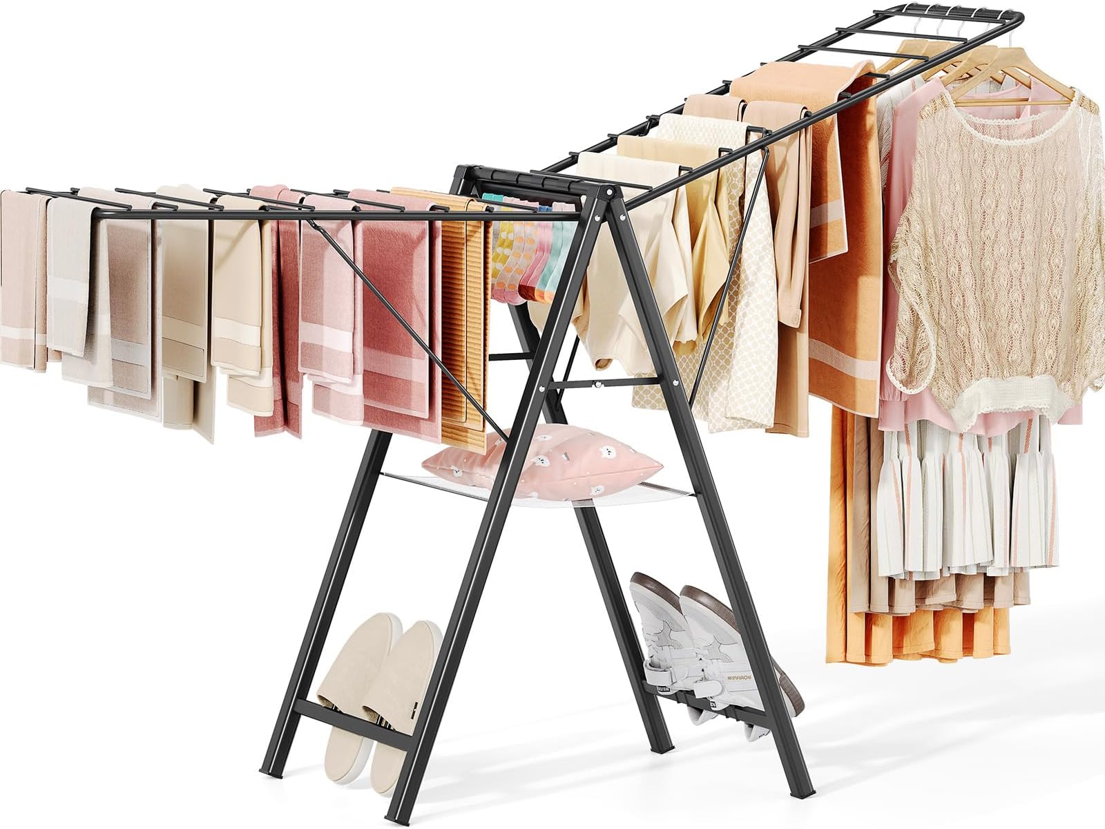 APEXCHASER Foldable Clothes Drying Rack, Metal Laundry Drying Rack Collapsible, Ultra Thin Clothes Rack for Sweater Bra Towel for Indoor & Outdoor Use, Height Adjustable Gullwing Clothes Airer, Black