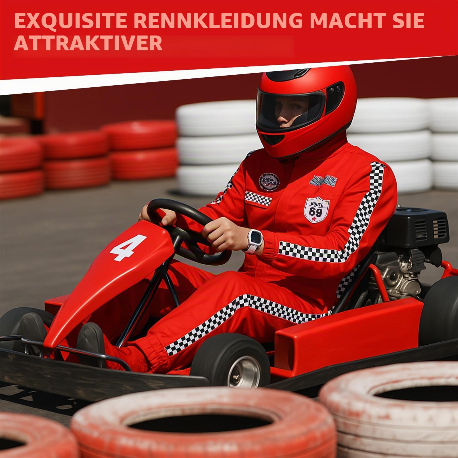 Rennfahrer Kostüm Herren Damen Roter Overall Kostüm Racing Checkerboard Pattern Elastic Cuffs Ankles für Erwachsene Halloween Karneval Party Cosplay