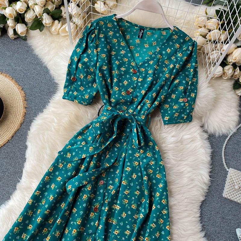 Gufrina Dresses for Women Half Sleeve || Floral Print || V-Neck and Puff Sleeves || Front Open Button & Tie-Up || Midi Dress (Green M) 3