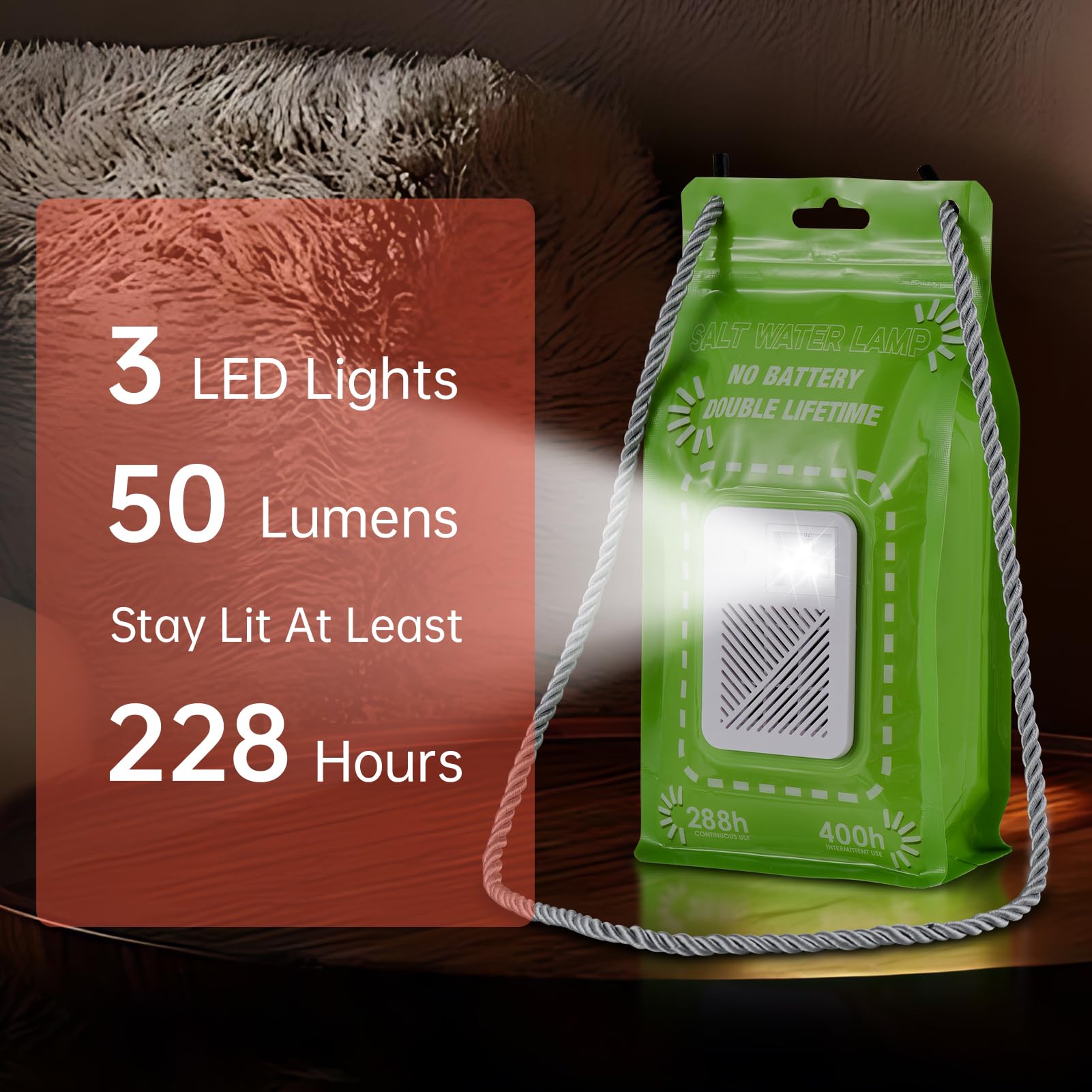 Salzwasserlampe, keine Batterien, Notlicht, 400 Stunden, 3 LEDs, 50, wiederverwendbar, für Überleben, Camping, Angeln, drinnen und draußen, Grün, 20 x 10 cm