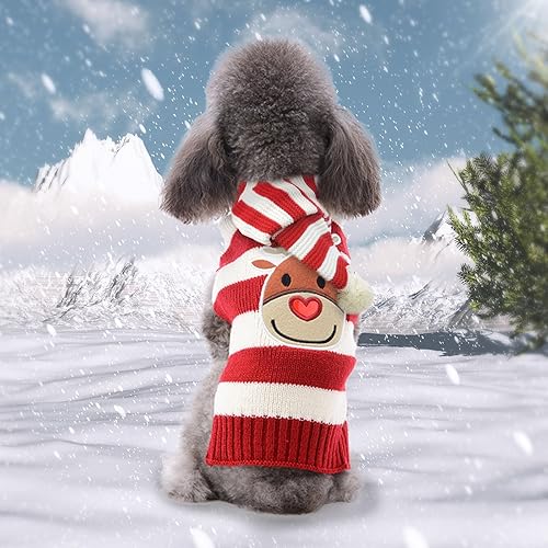 Miniatura 6 de HRTTSY Conjunto de suéter y bufanda de Navidad para perro, lindo reno feo para cachorros, ropa de gato a rayas, traje de invierno para mascotas,