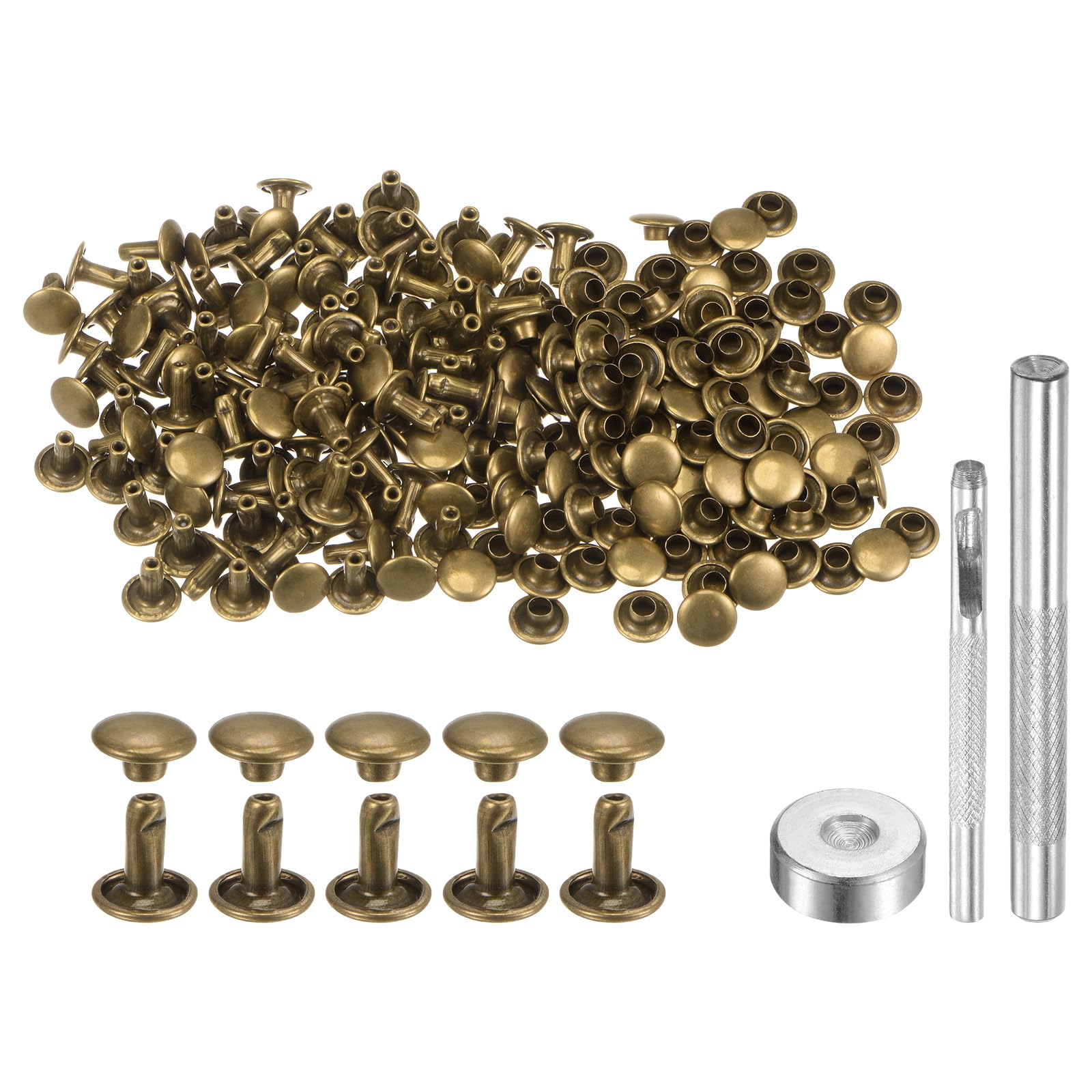 QUARKZMAN 100 Set di Rivetti in Pelle 8 x 8mm Elementi Fissaggio per Borchie con Rivetto a Doppio Cappuccio Metallo con 3 Rivetti Strumenti Impostazione per Artigianato Pelle, Tono Bronzo