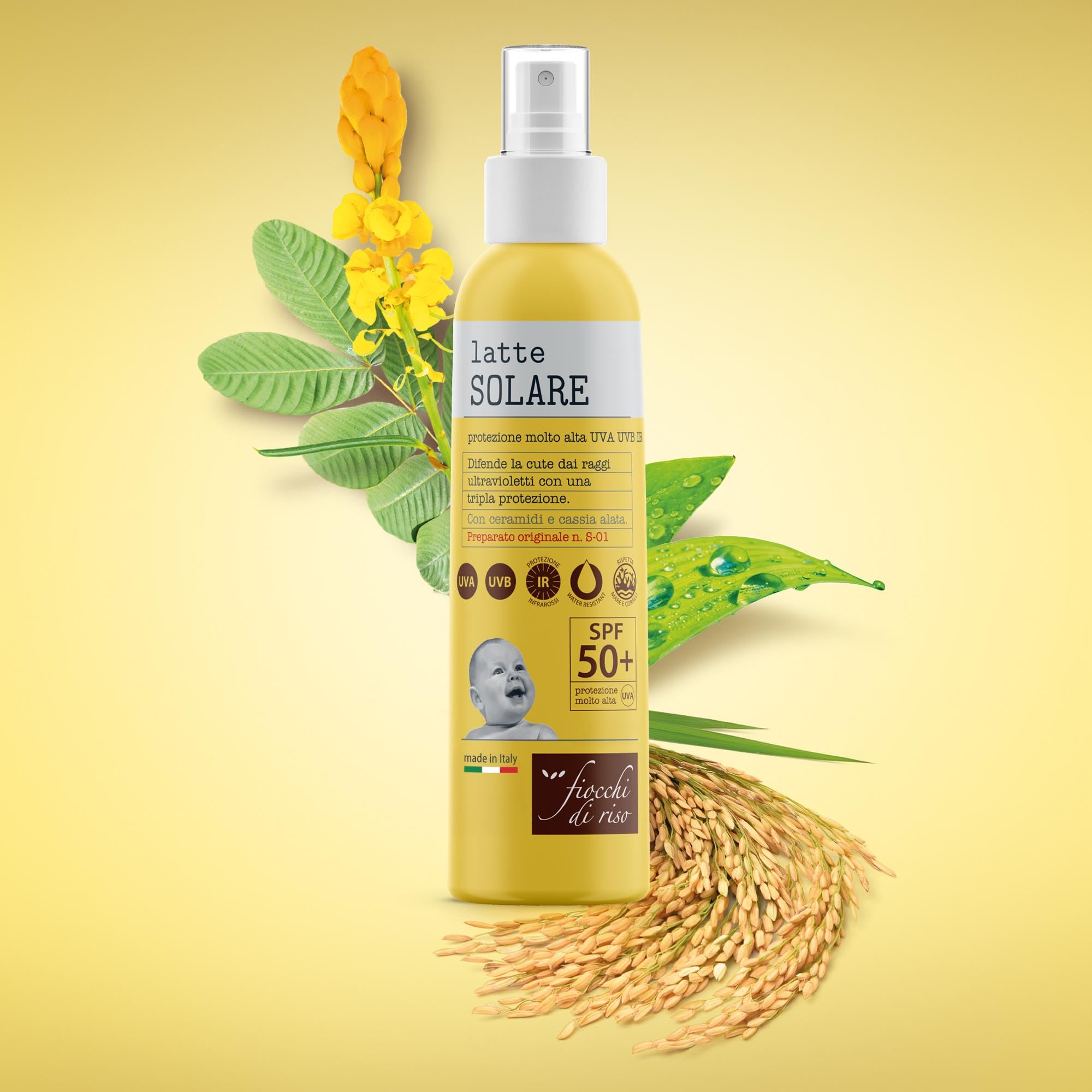 Fiocchi di Riso - Latte SOLARE 50+ - 140ml - PROTEZIONE SOLARE - SPF 50+ - Ideale per difendere la cute dai raggi ultravioletti con una tripla protezione, Con ceramidi e cassia alata. Pack riciclato