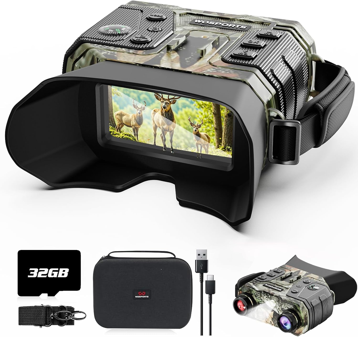 WOSPORTS 4K Night Vision Goggles with 1300FT Range, 8X Digital Zoom, 32GB Card, 15H Rechargeable Battery – Camo Design for Camping, Ideal Gift for Men