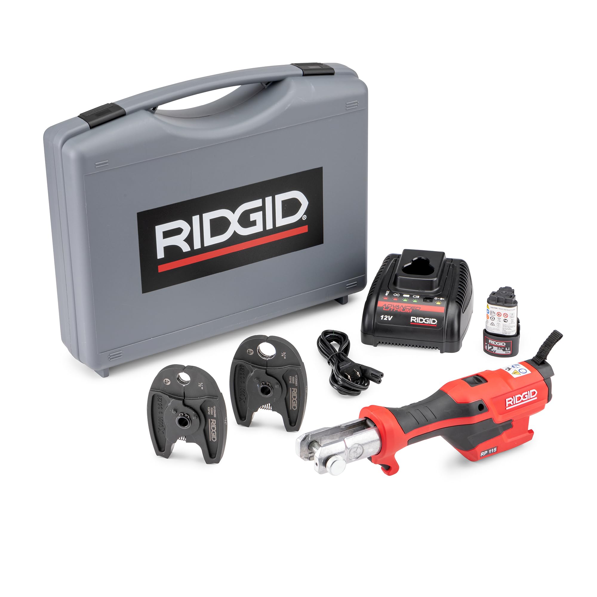 ridgid 72543 model rp 115 mini press tool kit with 1/2" - 3/4" pureflow jaws and carrying case red