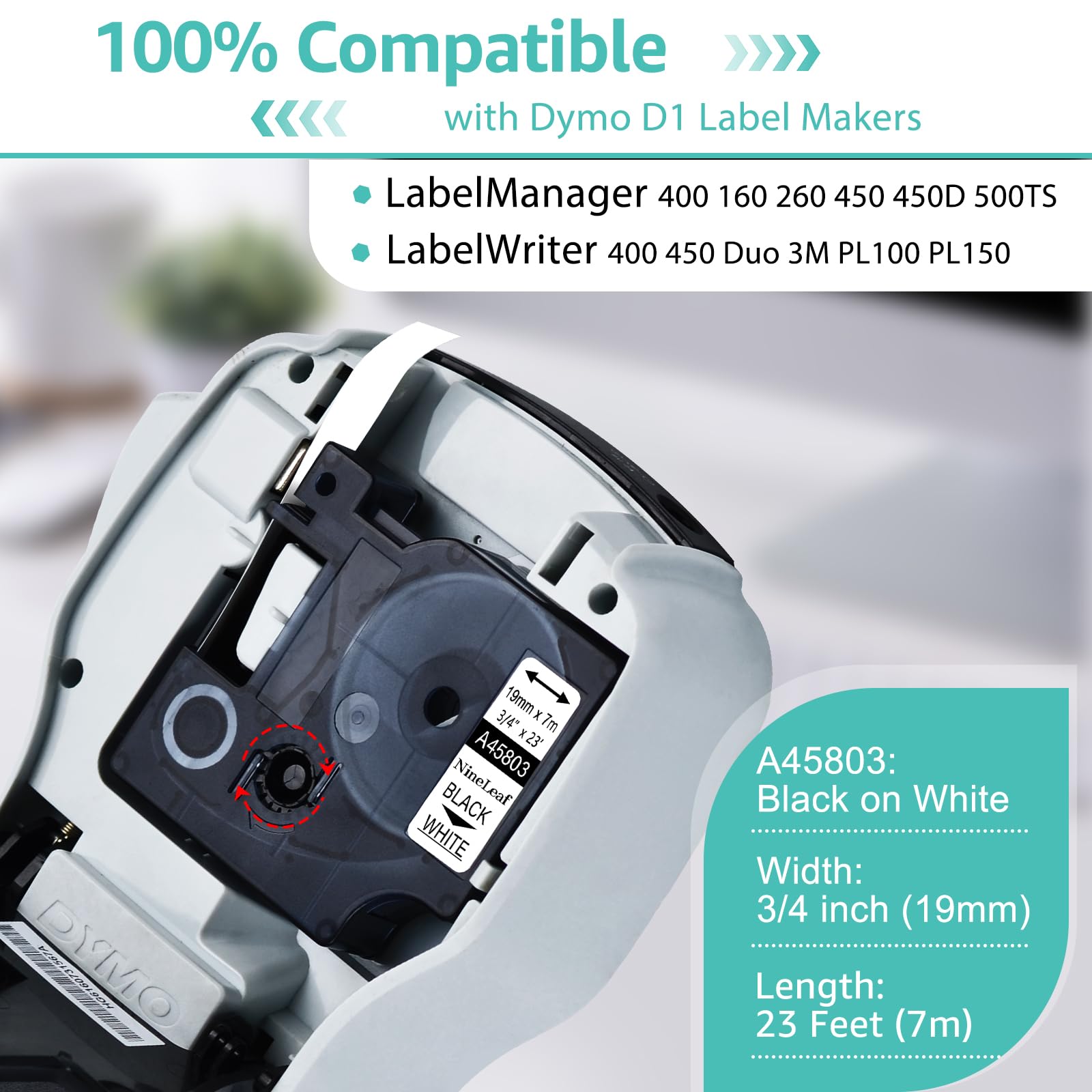 NineLeaf 10 pk cinta de etiquetas negro sobre blanco compatible para dymo d1 45.803 p-touch 3/4" LabelMANAGER 23 pies 350d 400 500ts blanco