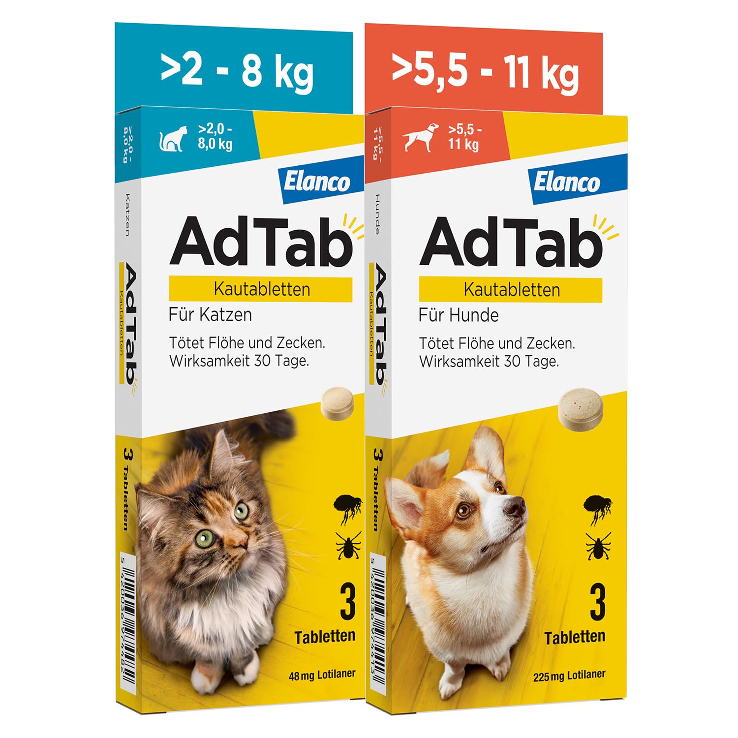 AdTab Kombi-Set: Zecken- & Flohschutz für eine Katze mit >2-8 kg und einen Hund mit >5,5-11, 2 Packungen mit je 3 Kautabletten, einfach zu verabreichen & schmackhaft