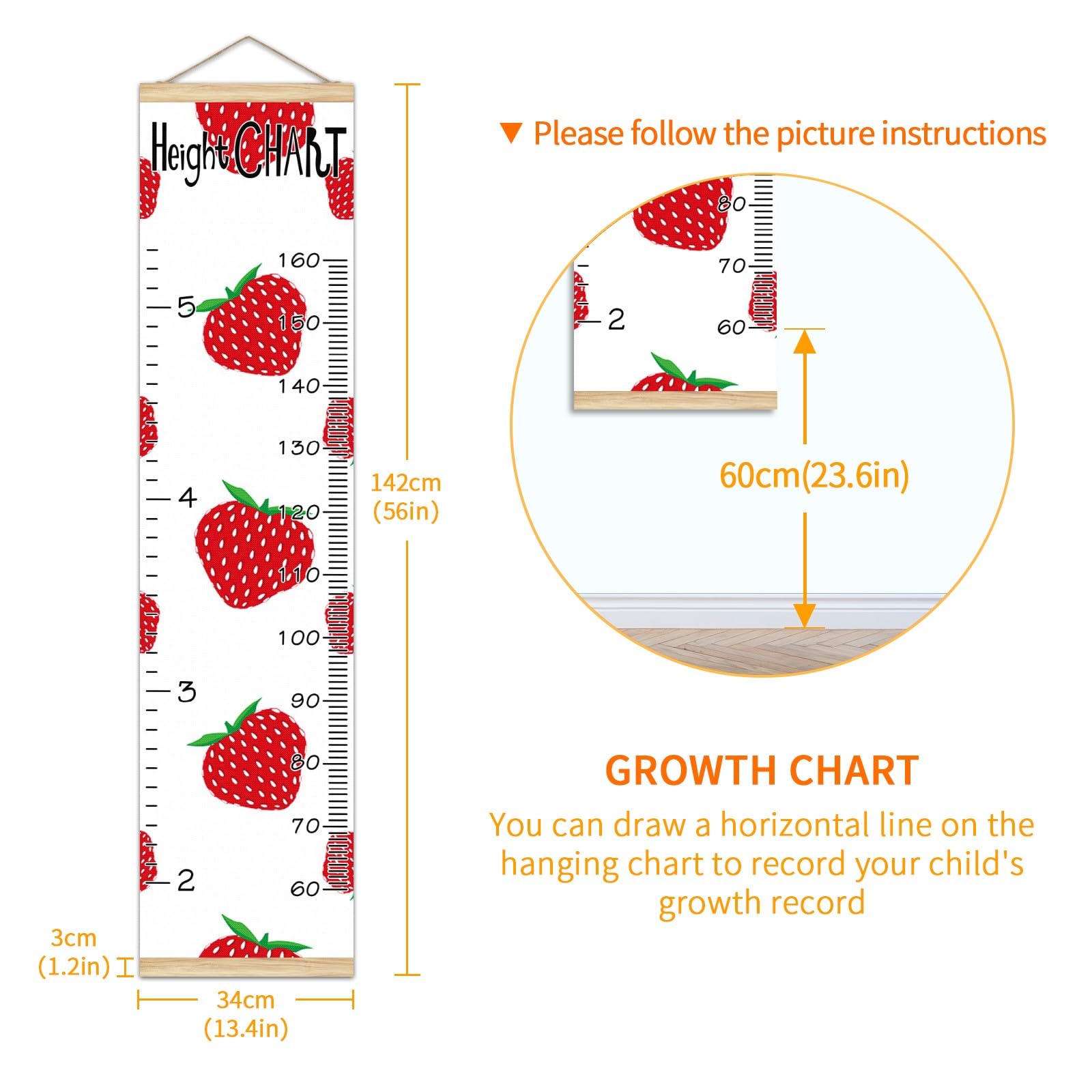 amazon-com-vigetue-personalized-kids-name-growth-chart-ruler-for-wall-wood-frame-height-measure-chart-13-4x56-in-linen-hanging-height-growth-chart-strawberry-fruit-kids-room-decor-baby