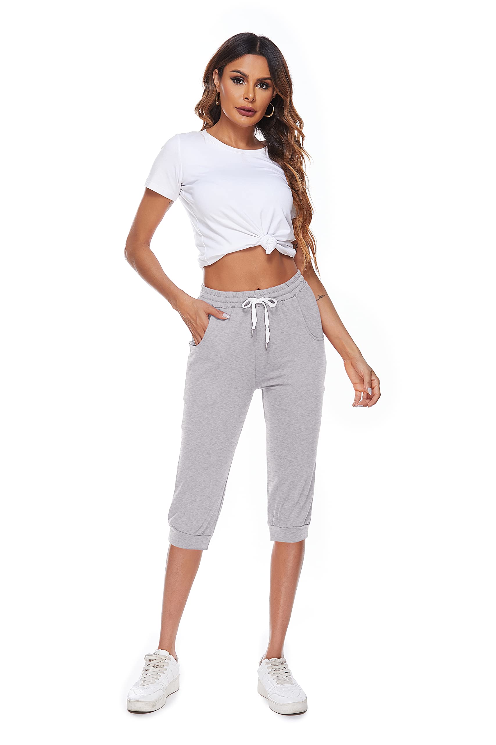 Pantalones de chándal para mujer, pantalones deportivos 3/4, de verano, algodón, pantalones capri, pantalones de deporte, fitness, yoga, pantalones con bolsillo