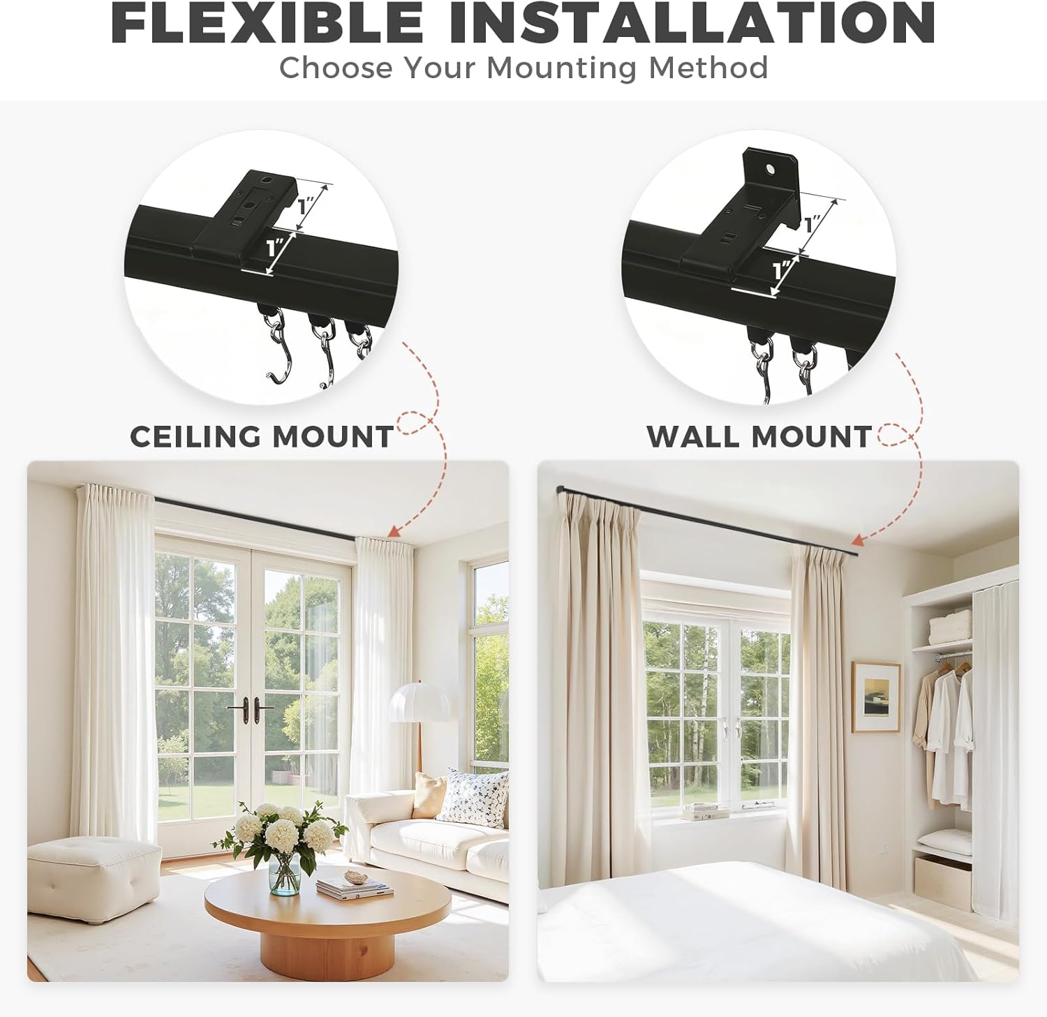 ChadMade Ceiling or Wall Mount Curtain Track Kit with Hooks, 3ft - 6ft Adjustable Length Drape Rail Set For Living Room Bedroom, Single Window Rods Work with Grommet and Pinch Pleated Curtain, Black