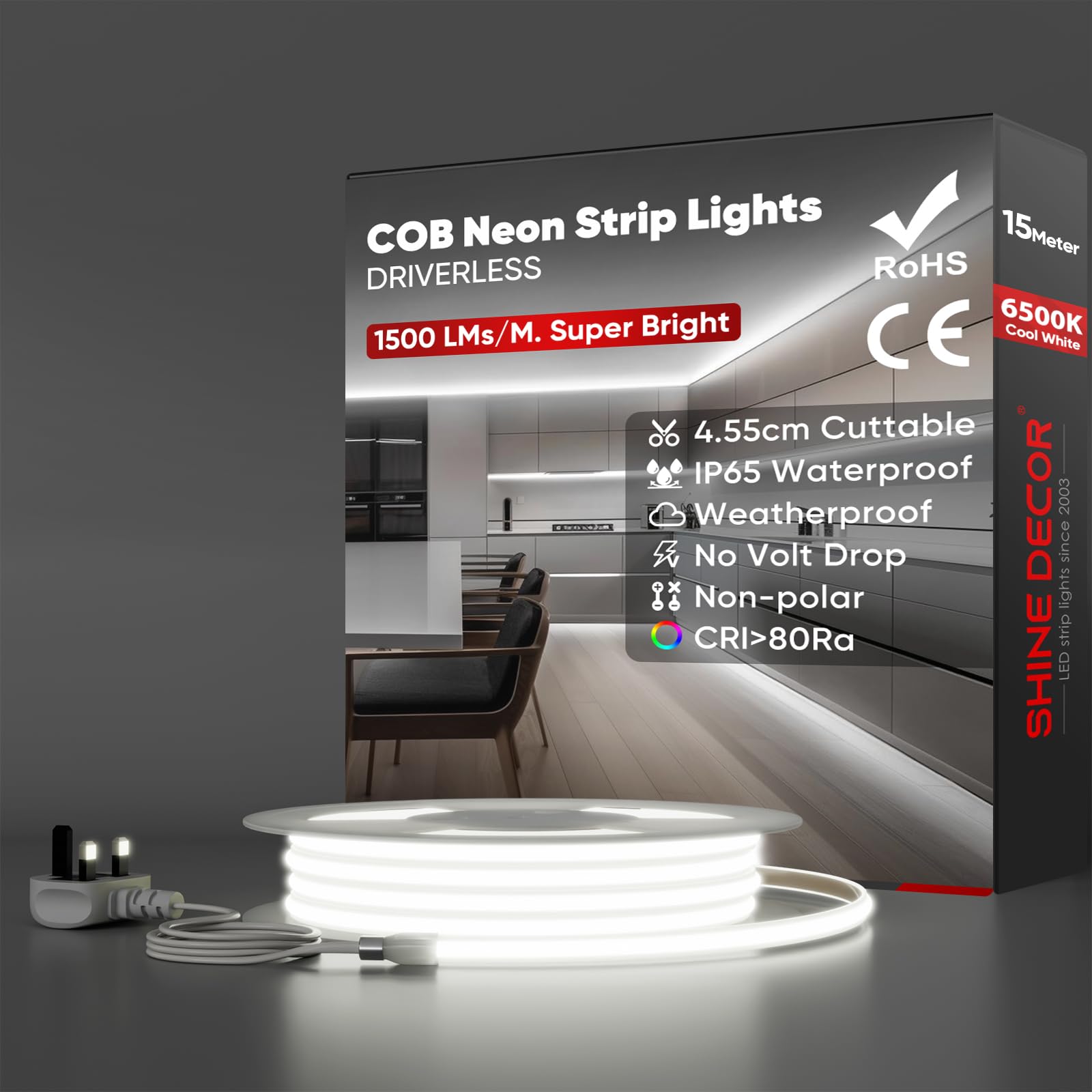Shine Decor Flexible COB LED Strip Light,AC 220V 230V IP65 Waterproof,Cut Every 4.55 cm,286 LEDs/m Ultra-High Brightness with UK Plug for Kitchen Wardrobe Garden (15 m,Cool White,CE Certified)