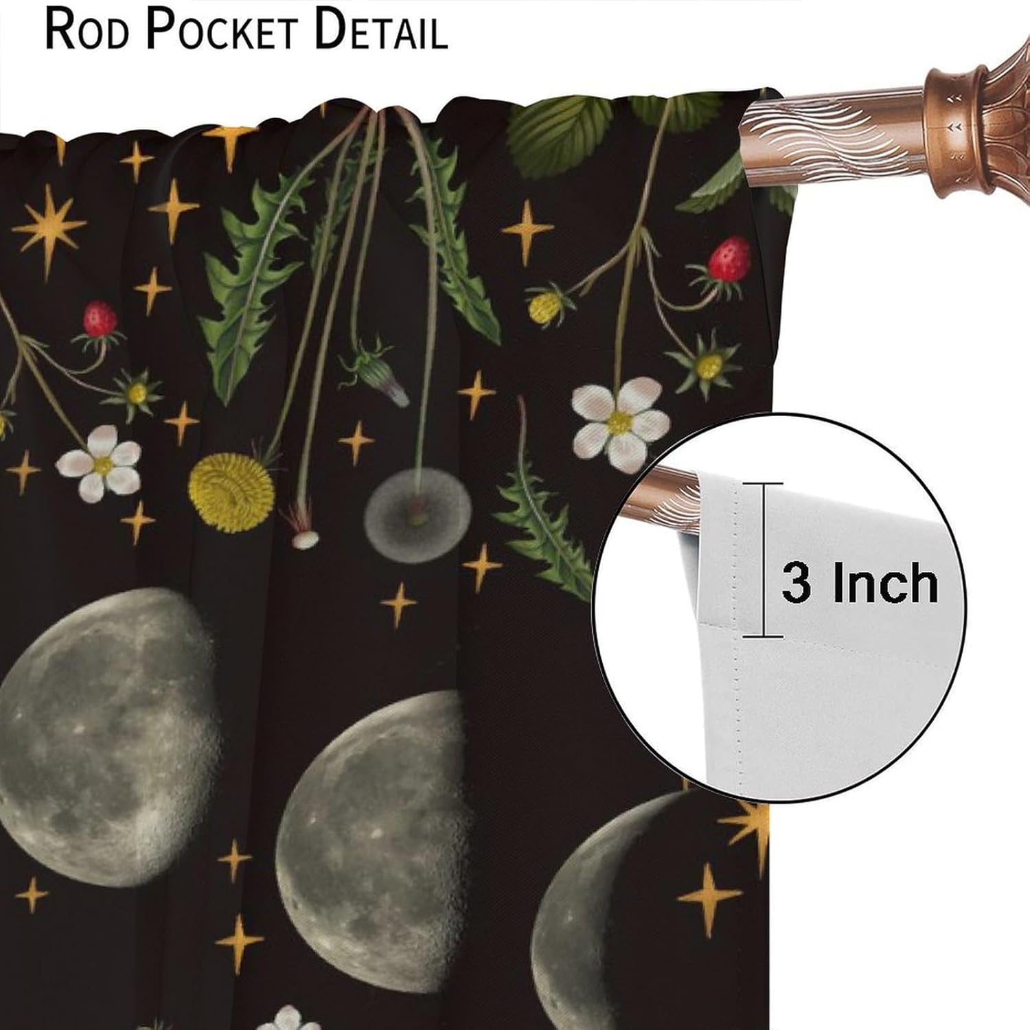 Moon Phase Curtains, Vintage Botanical Mushroom Wildflower Gothic Night Moonlit Mysterious Witchy Window Treatments for Living Room Bedroom Kitchen 63x63in