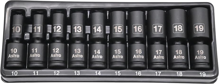 Astro Tools 78344M 10pcs 3/8" Drive Middle Length Pinless Universal Impact Socket - Metric